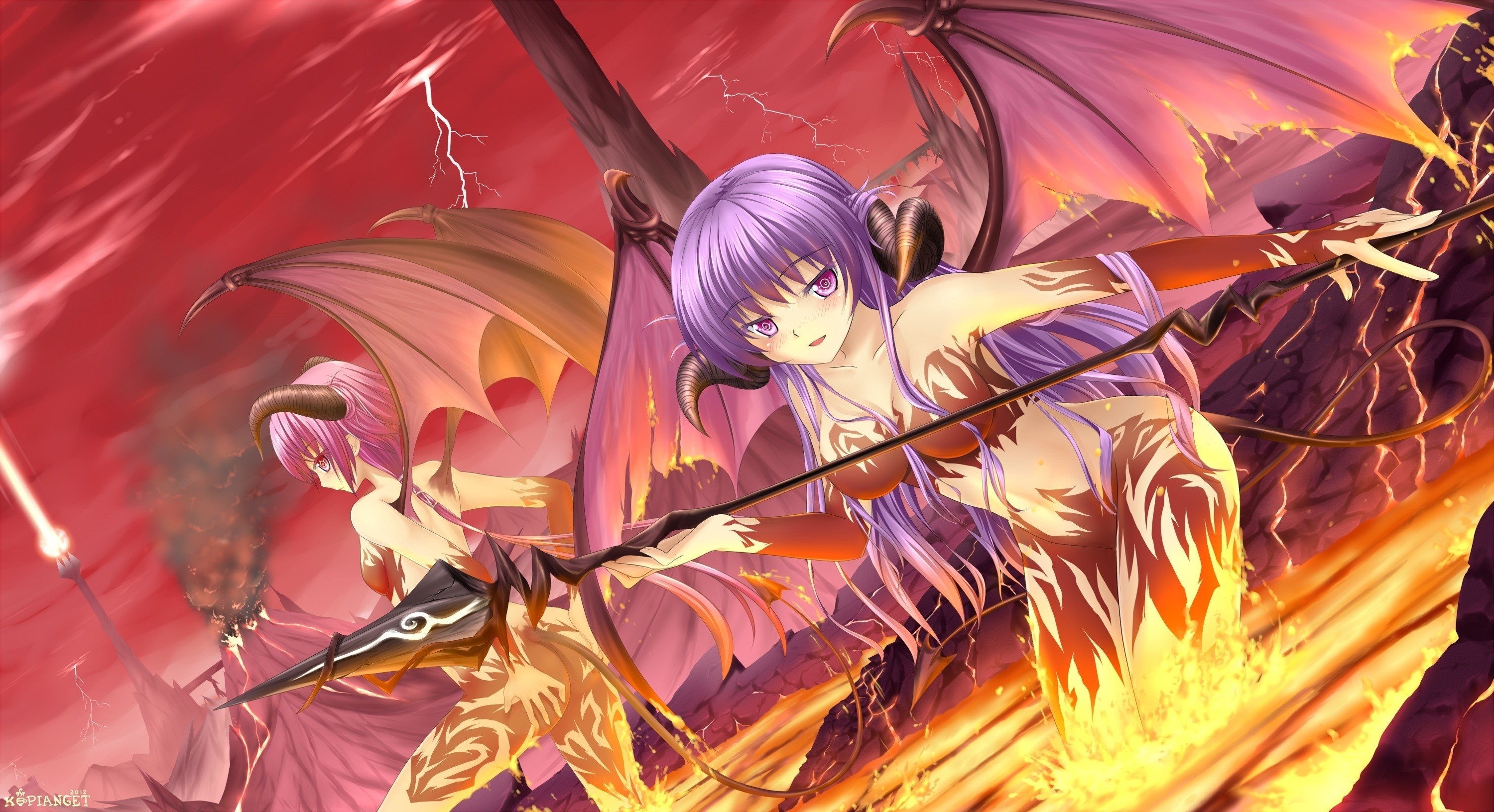 women wings succubus lava demons hell horns purple hair pink hair red eyes  anime spears demon