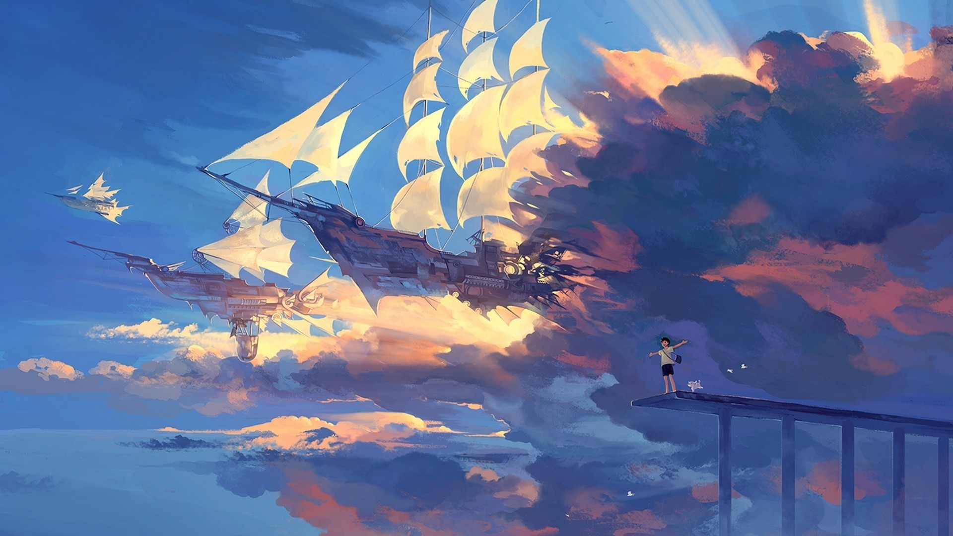 Preview wallpaper hanyijie, sky, scenery, ship, anime, art 1920×1080