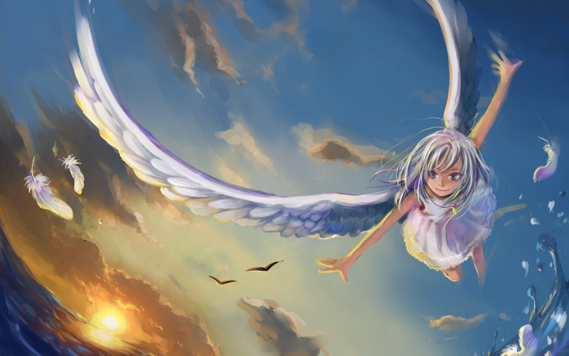 Angel Anime Birds Girl Wings Flight Sea HD Wallpaper
