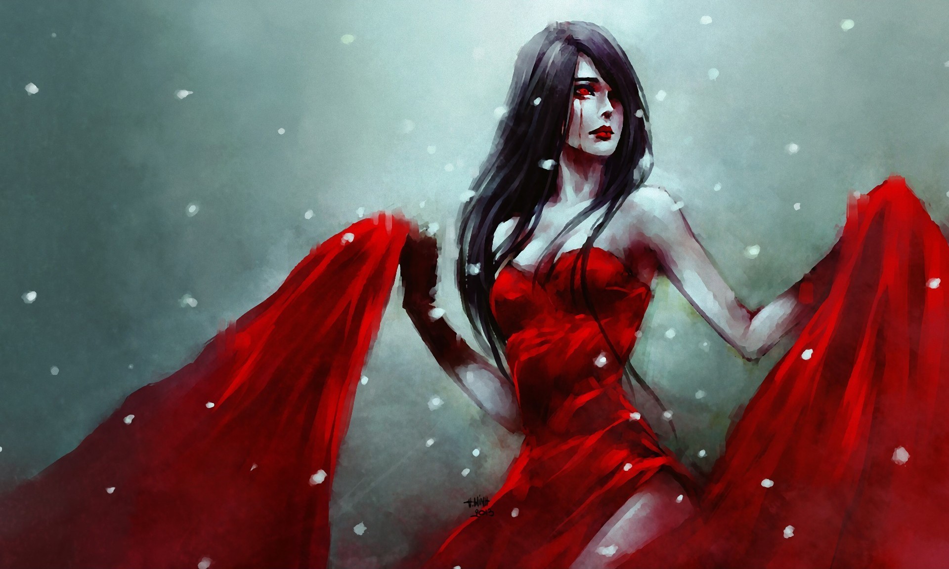 Nanfe, anime girl, red dress, cry, blood, snow, sadness,
