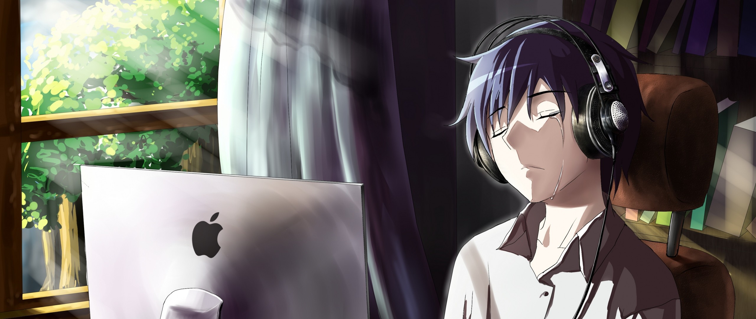 Preview wallpaper guy, anime, computer, tears, sadness, room 2560×1080