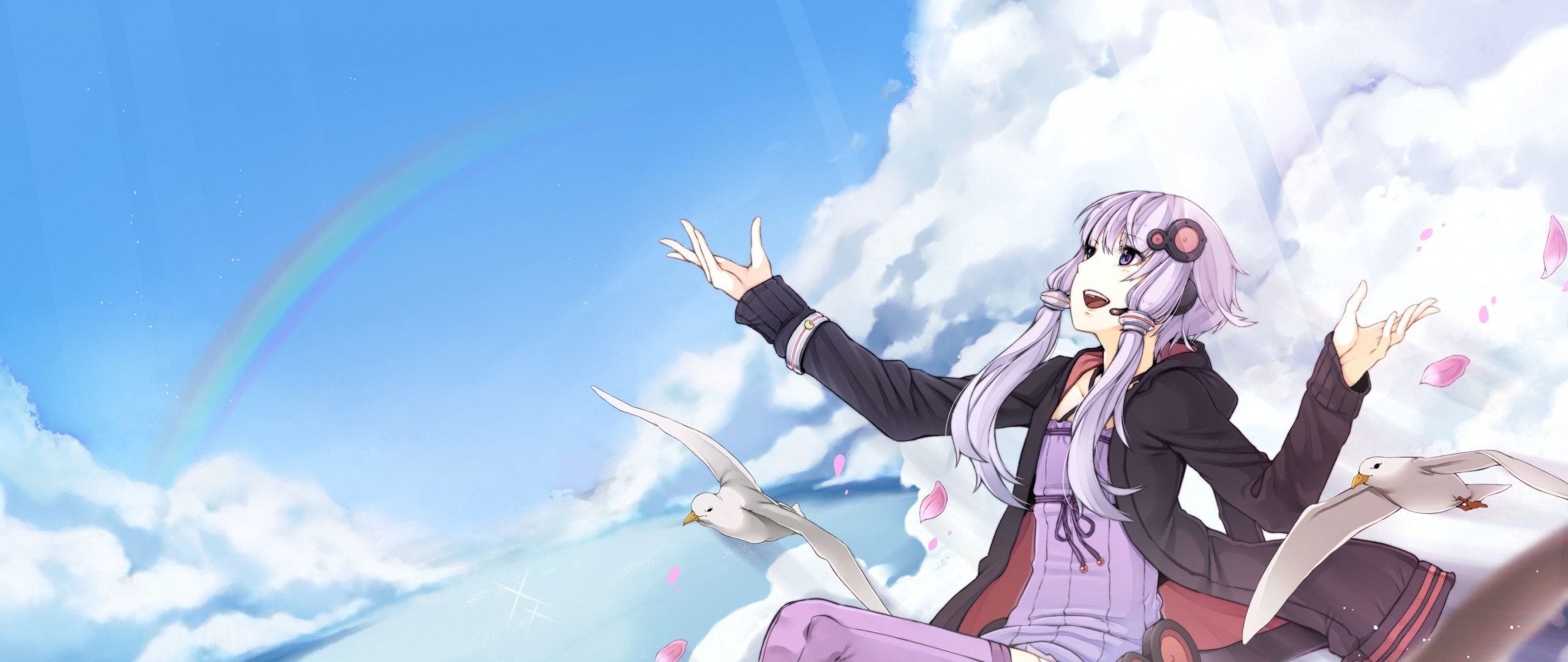 Wallpaper anime, girl, flying, bird, sky