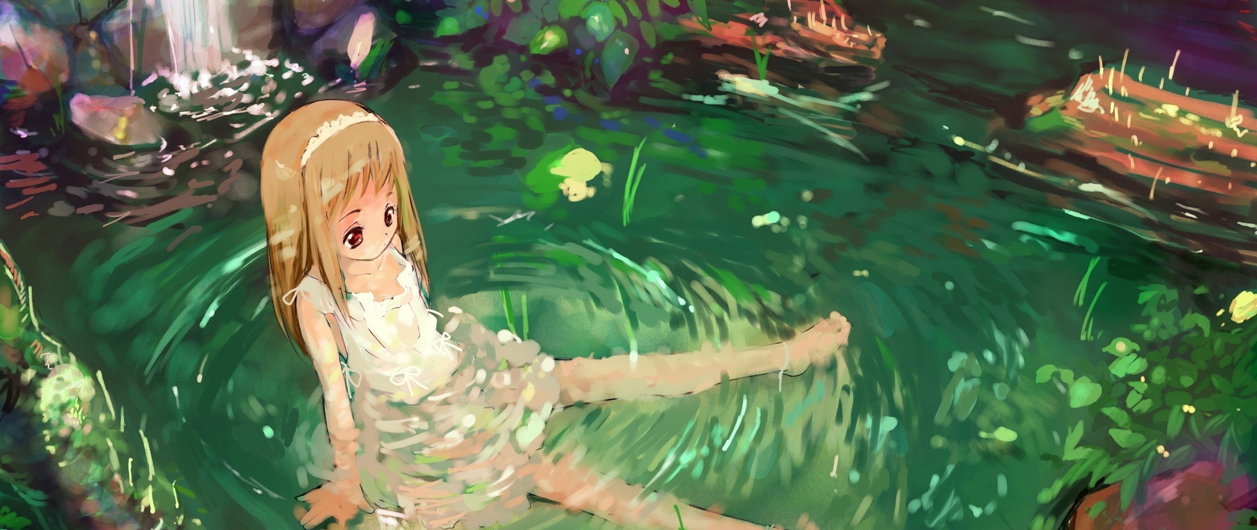 Wallpaper anime, girl, nature, water, sadness