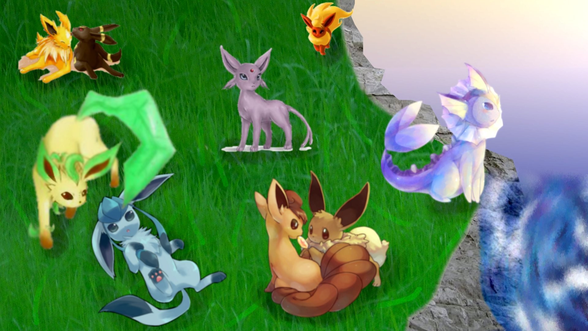 Eevee and his evolutions with Vulpix by Valyli