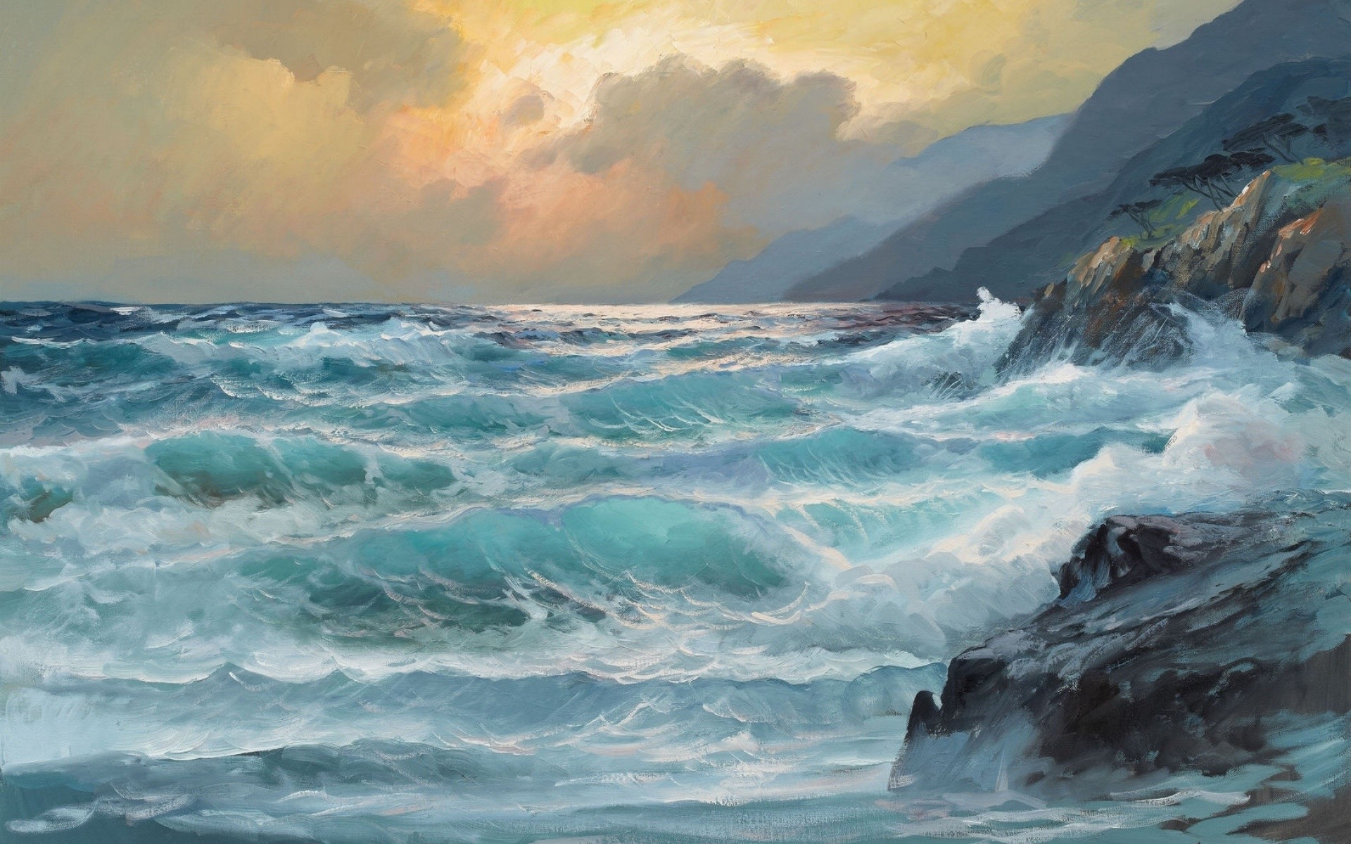 Sea waves painting art storm rock wallpaper