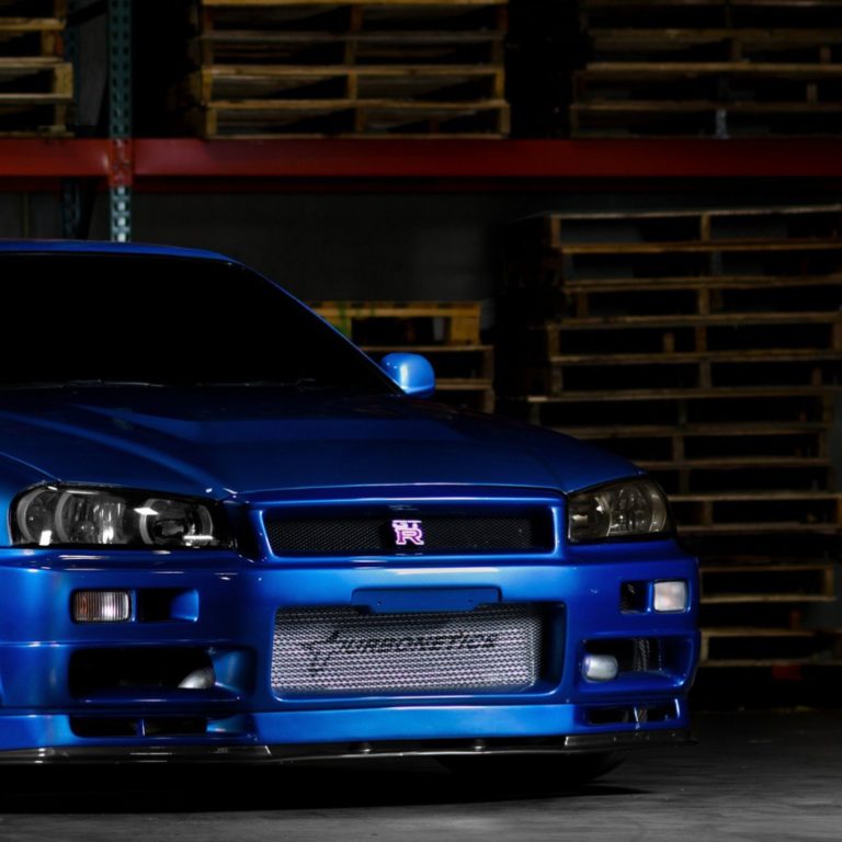 Download Wallpaper Nissan skyline, Gtr, R34, Blue, Front