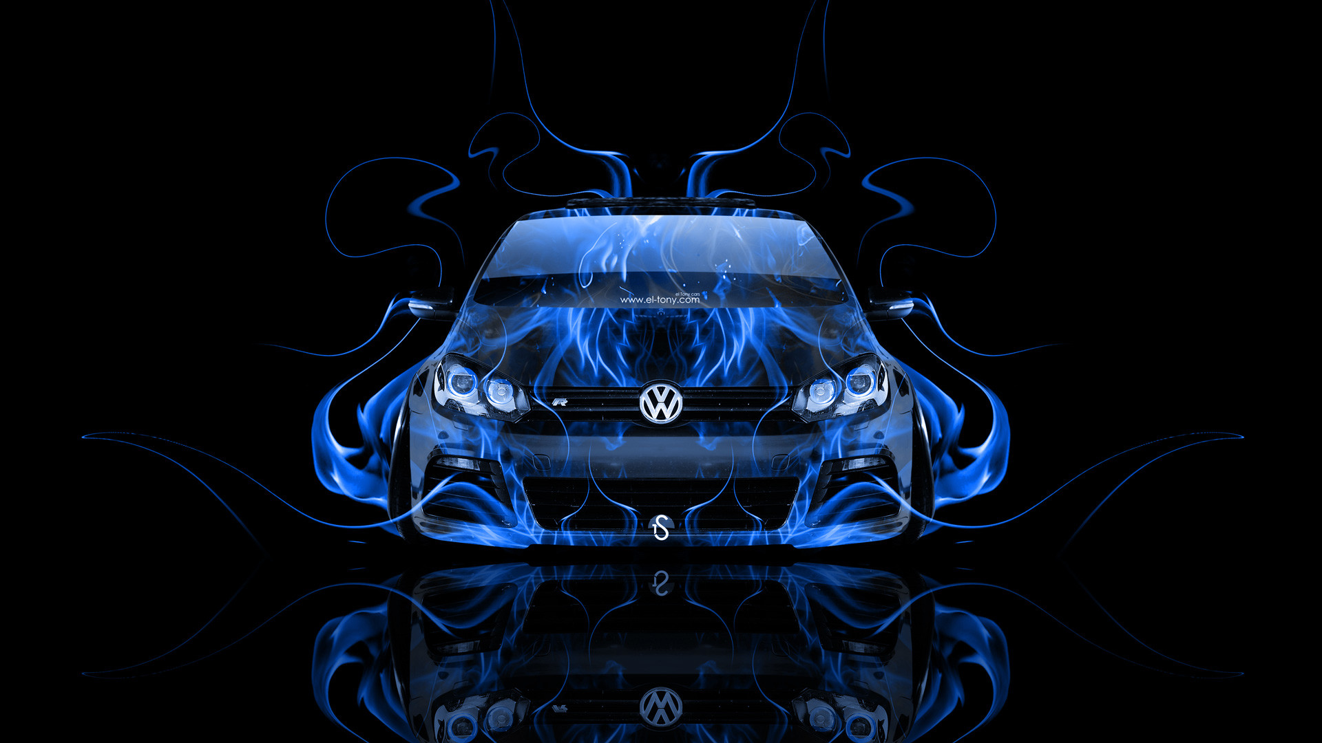 Volkswagen Golf R Front Blue Fire Abstract Car