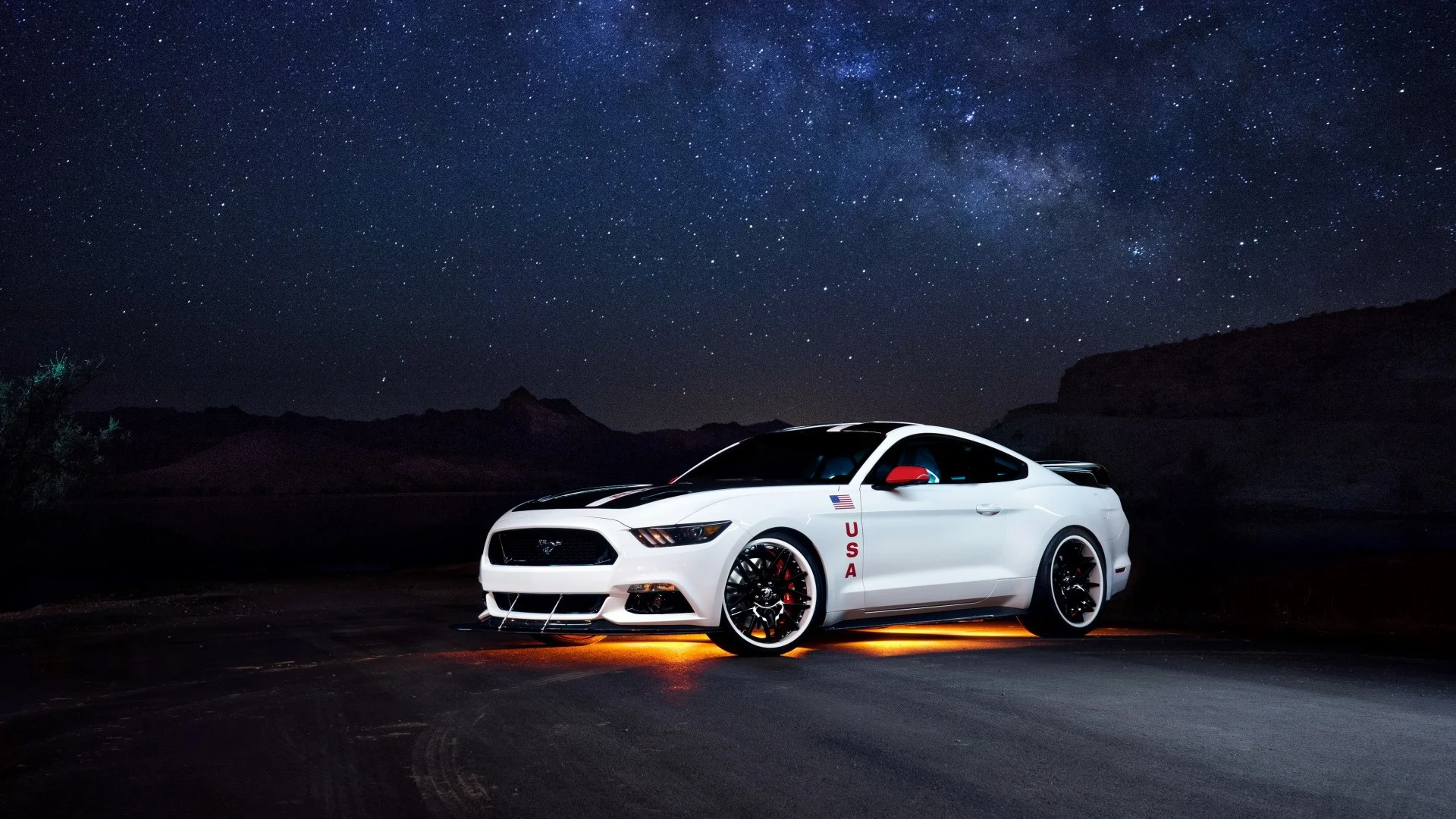 Preview wallpaper ford, mustang, white, side view, night 1920×1080