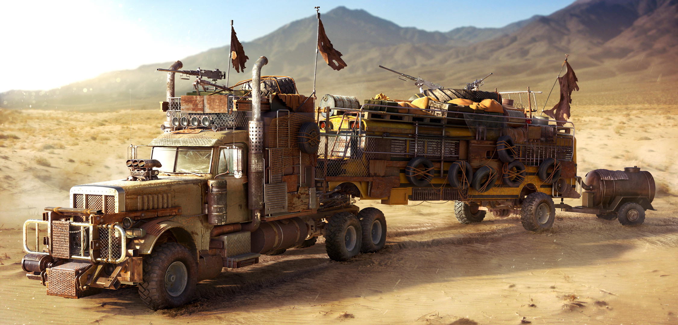 fallout, school bus, truck, wasteland, desert, postapocalyptic, desert, bus
