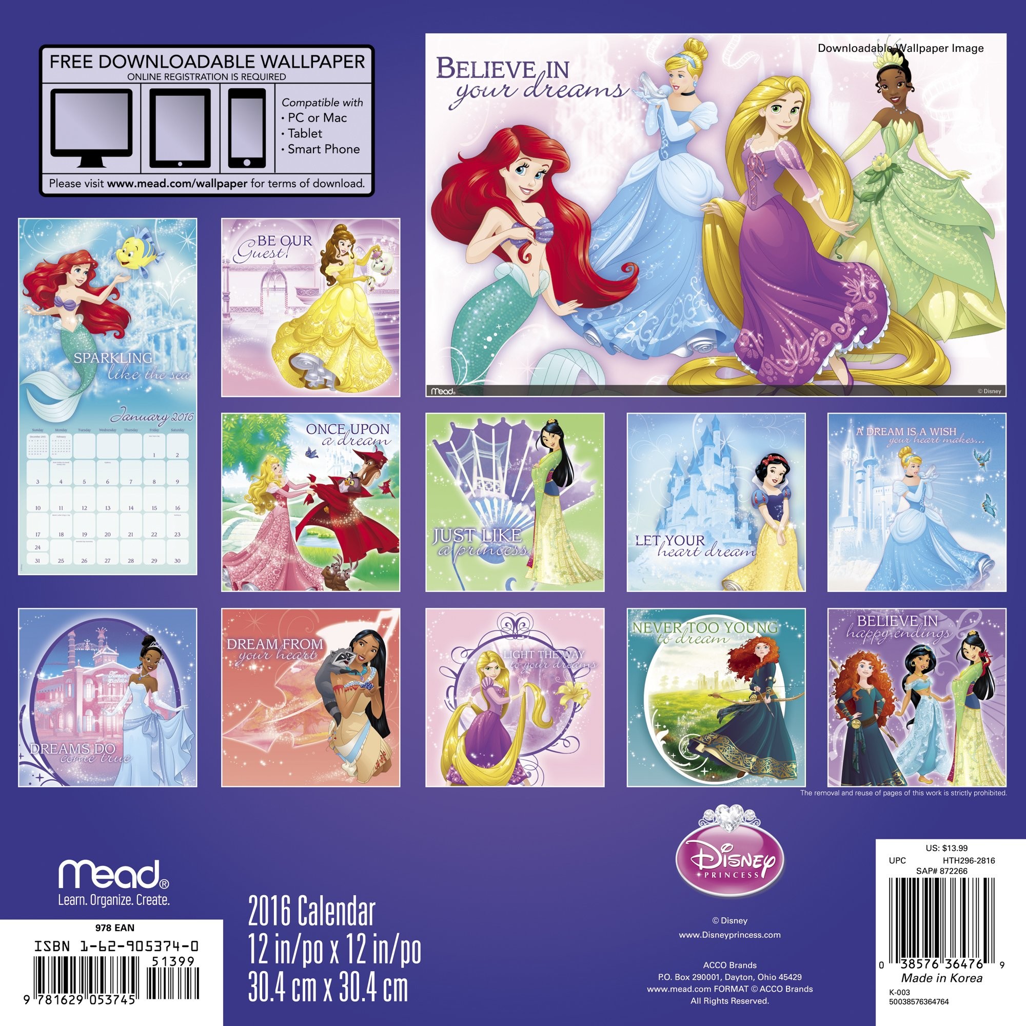 Disney Princess Wall Calendar 2016 Mead 0038576364769 Amazon.com Books