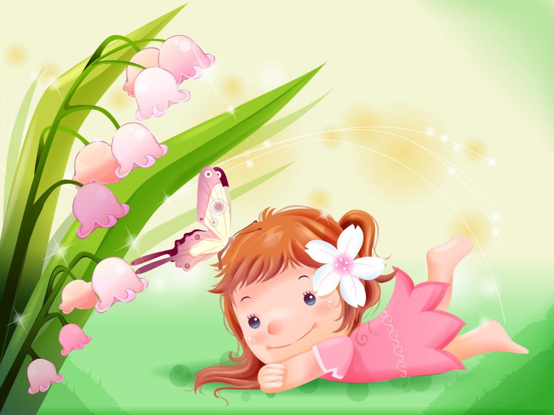 Cute Little Girl with Butterfly Cartoon Wallpaper