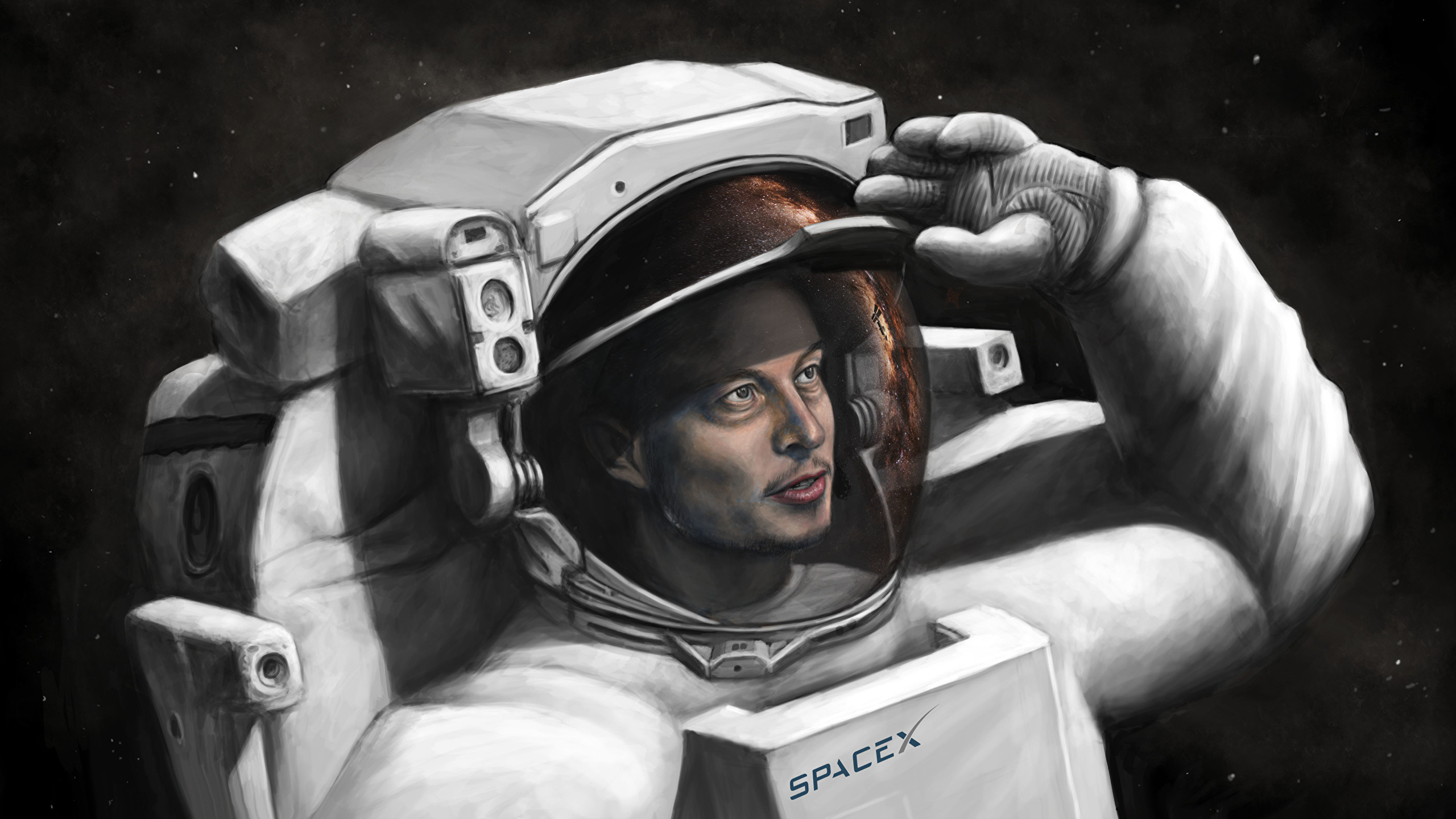 Image Cosmonauts Elon Musk, SpaceX Space Painting Art 2560×1440
