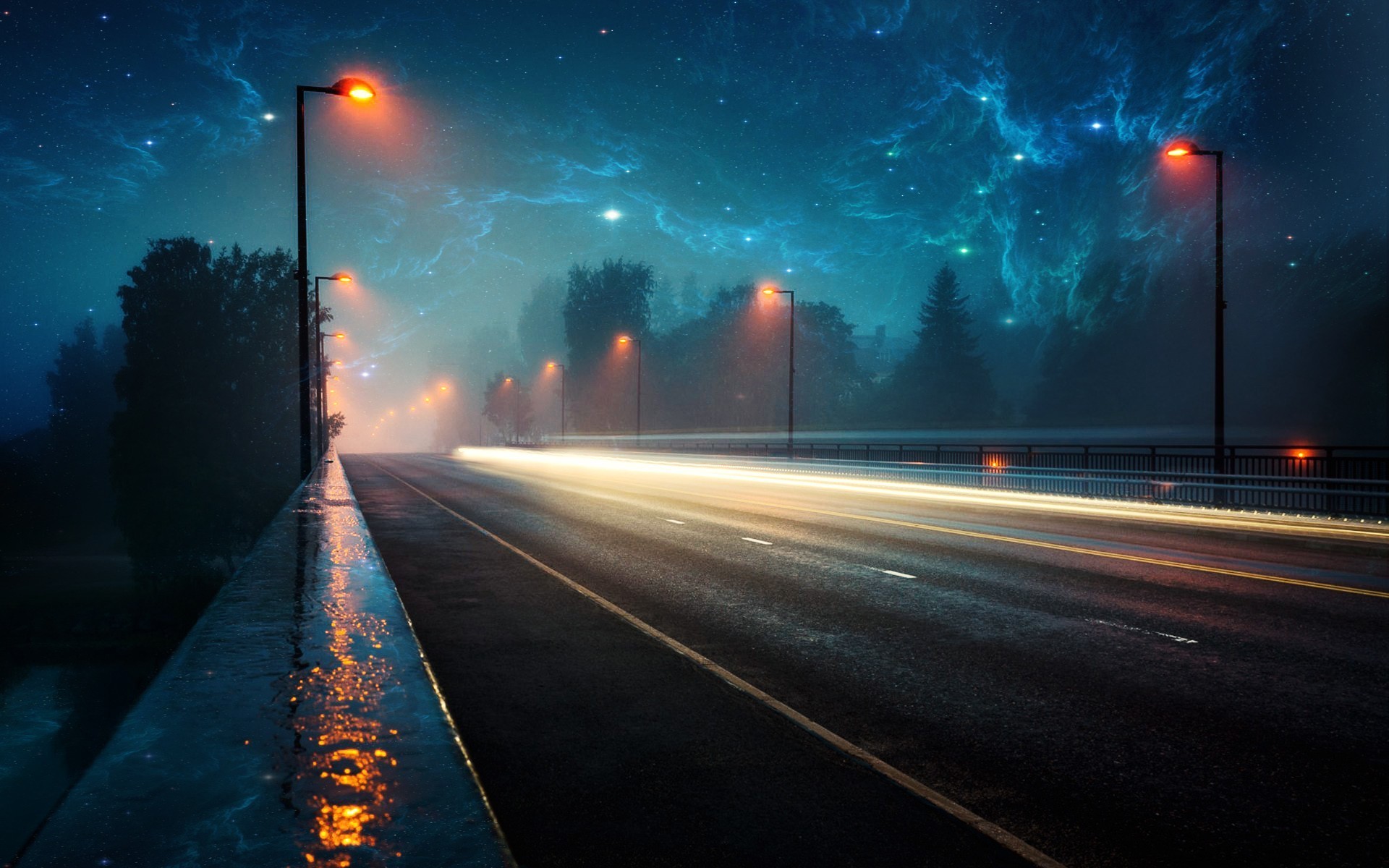 … free download Night Summer City Road Nebula Abstract HD wallpaper