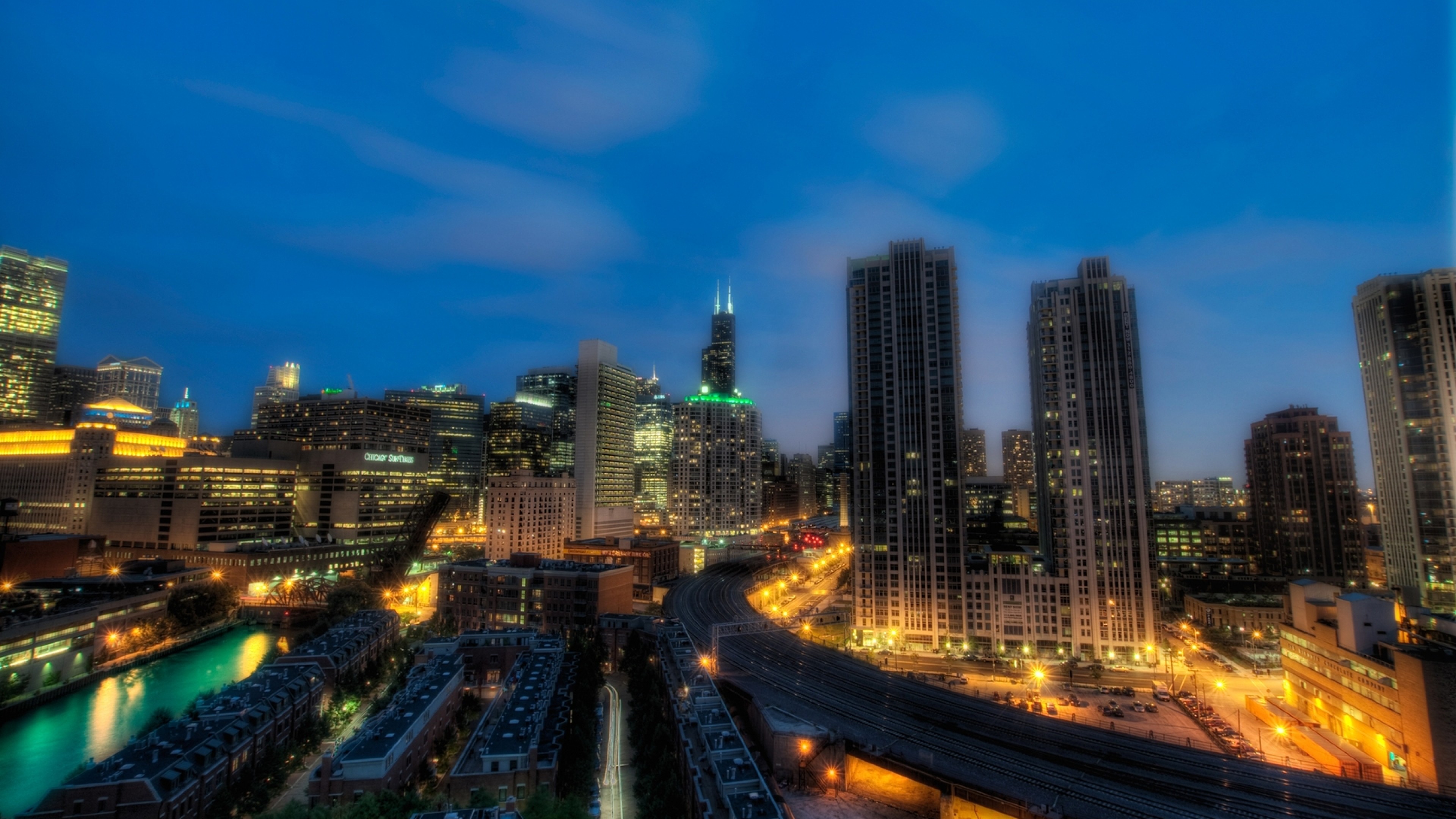 Preview wallpaper chicago, illinois, night, skyscrapers, city lights, hdr 3840×2160