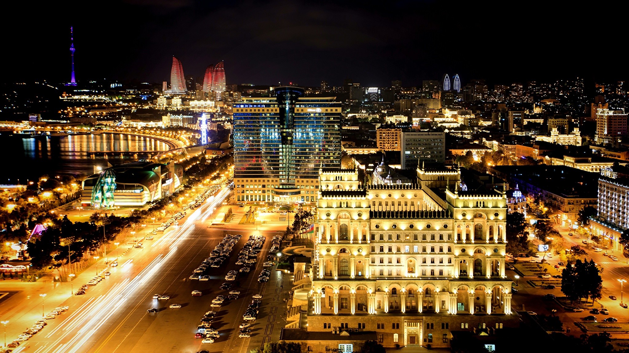Wallpaper Baku Azerbaijan night time Cities Building Night Houses