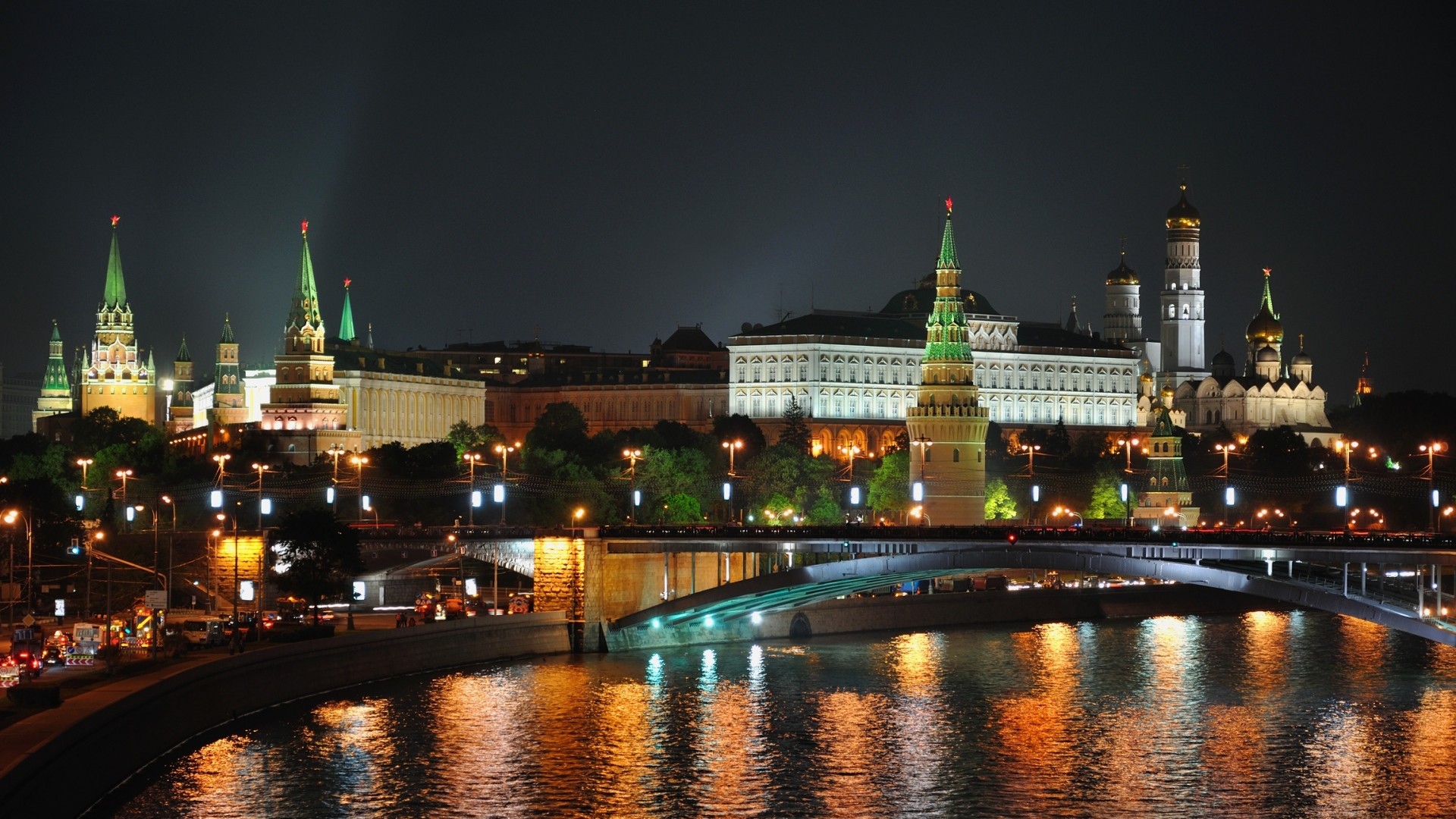 Preview wallpaper city , moscow, night, lights, bridge, reflection,