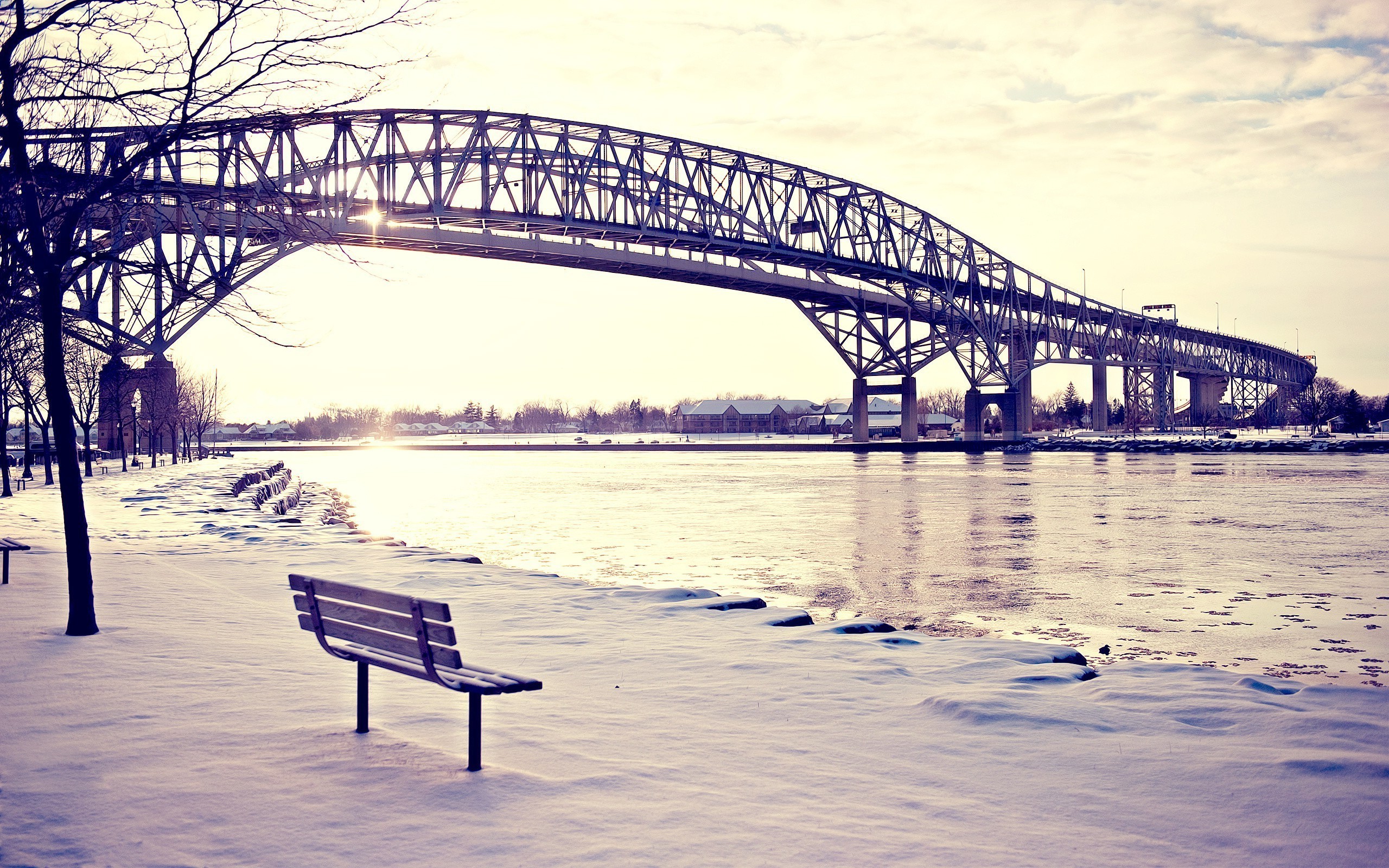 Bridge, Bench, Snow, Lake Wallpapers HD / Desktop and Mobile Backgrounds