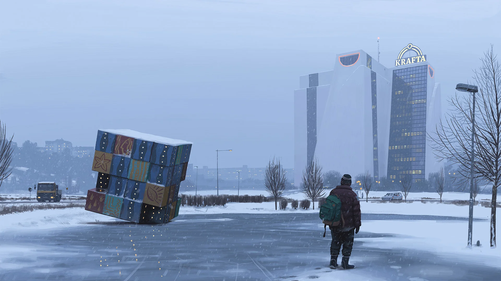 Krafta building HQ, boy in snow city, cube, Swedish atmospheric wallpaper  illustration by