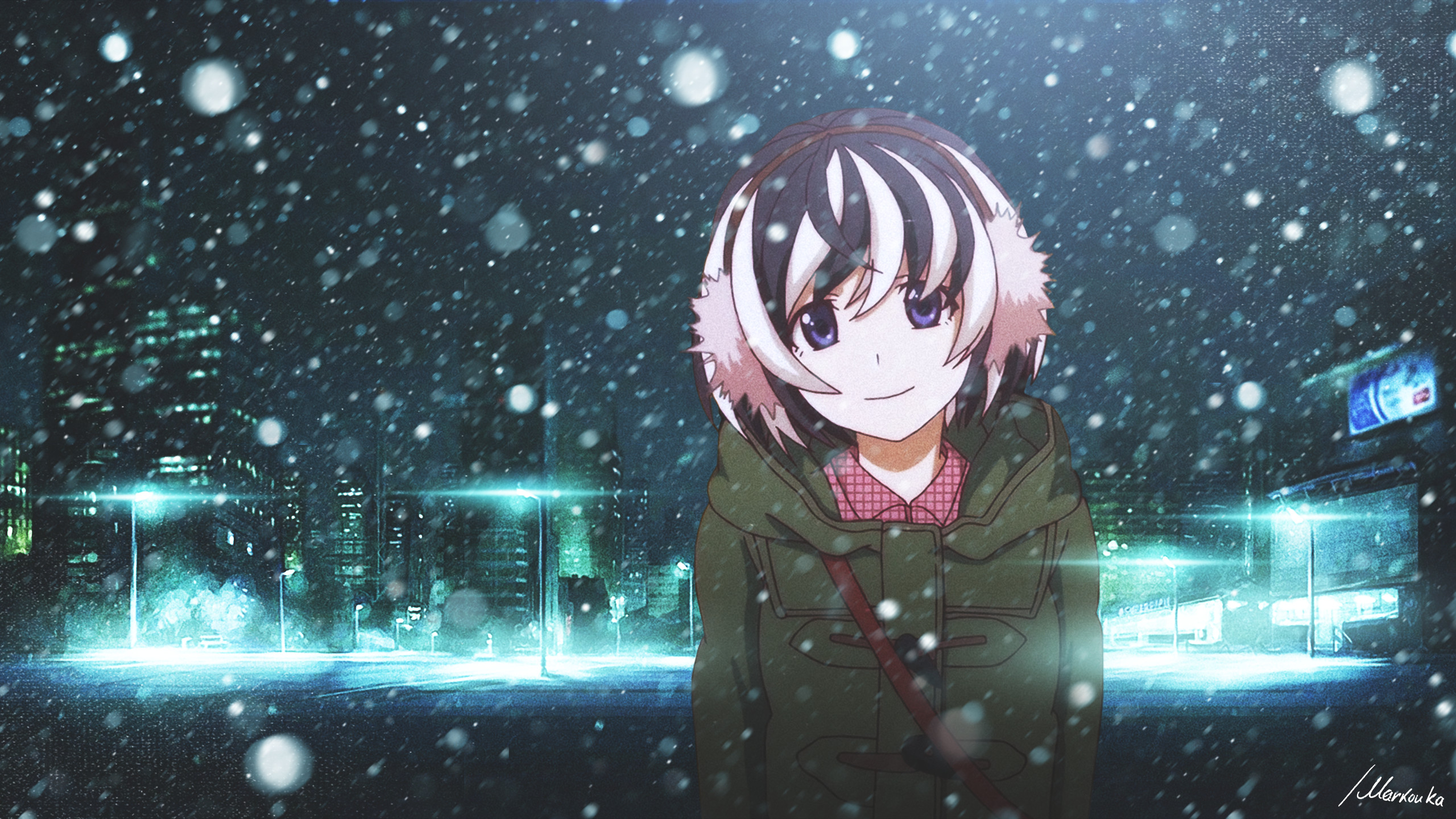 Anime Monogatari Series Hanekawa Tsubasa winter night city snow anime