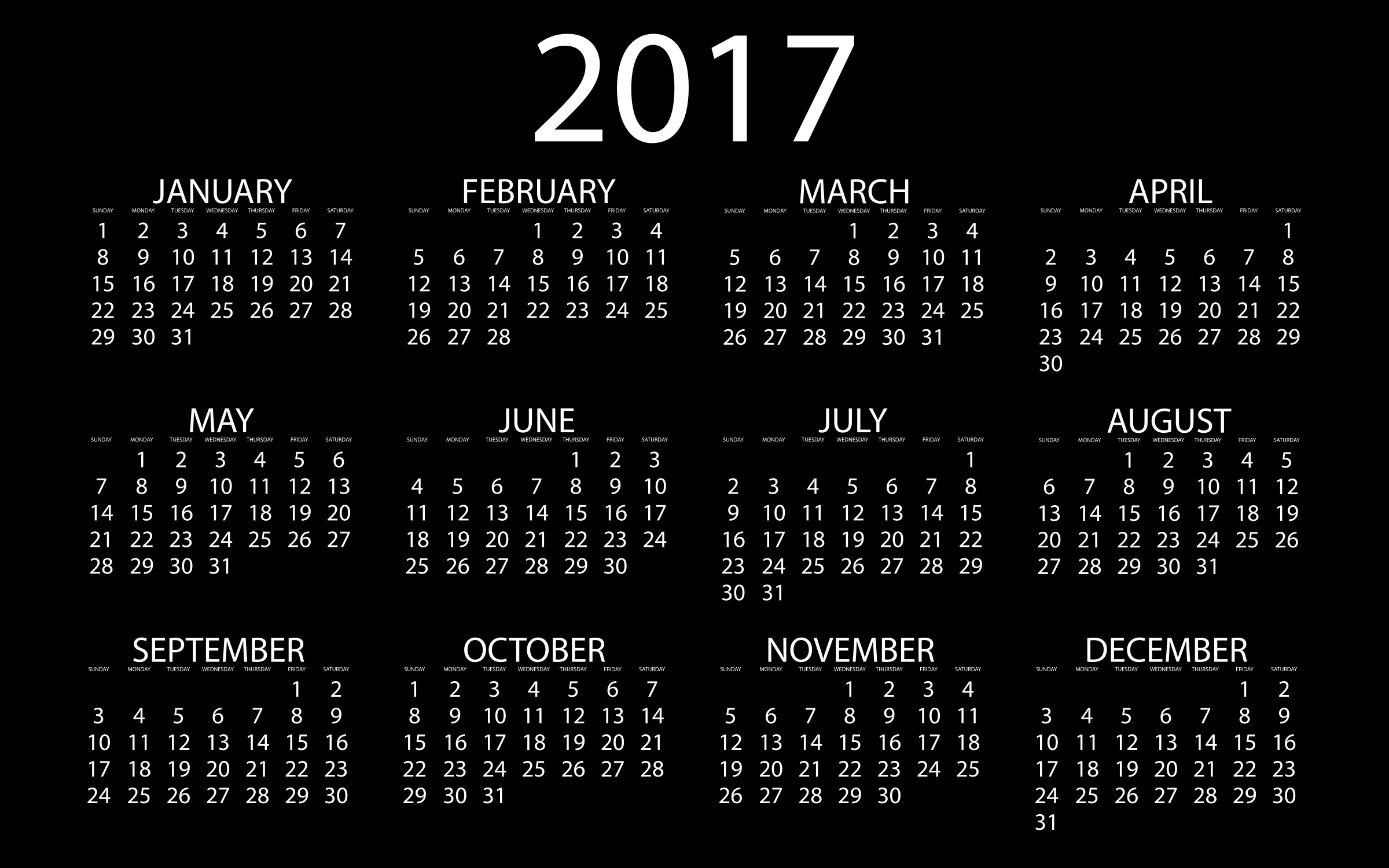 2017 Calendar Inverse With Black Background