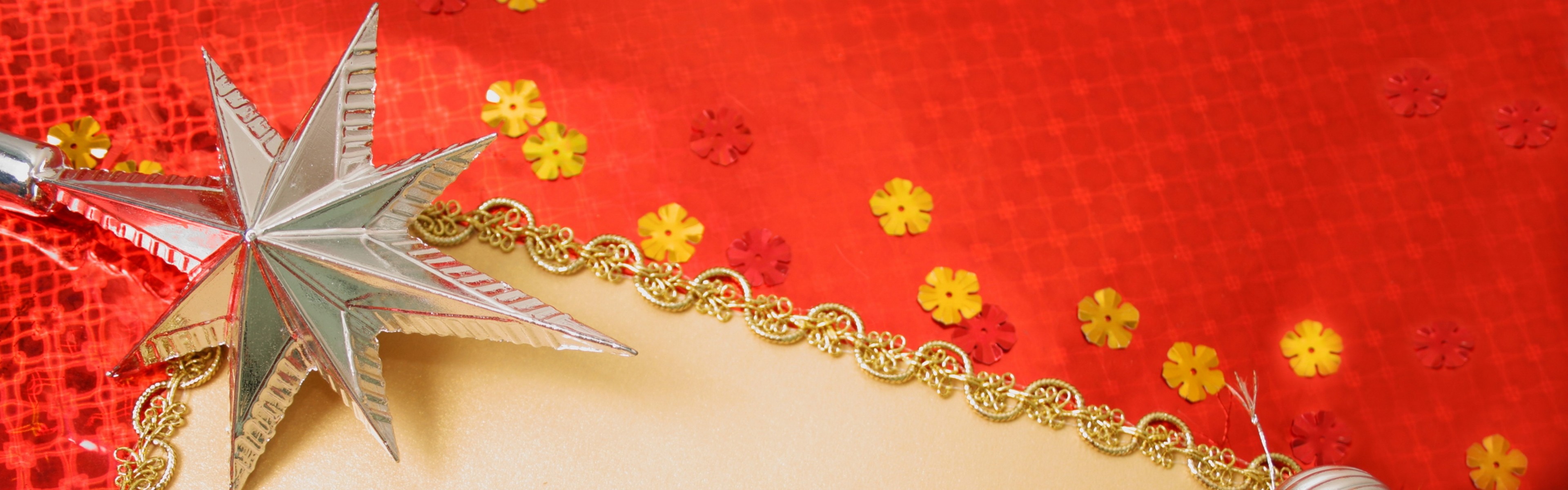 Preview wallpaper gold, red background, new year, toys 3840×1200