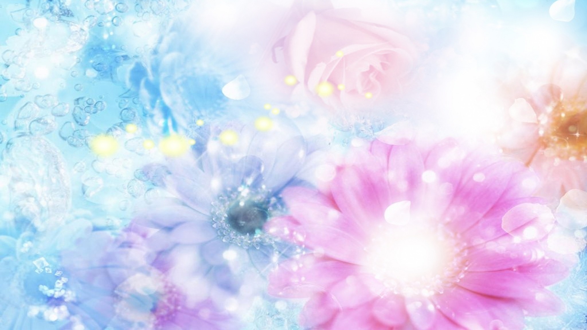 Preview wallpaper pink, blue, flowers, blurred, background, effects  2048×1152