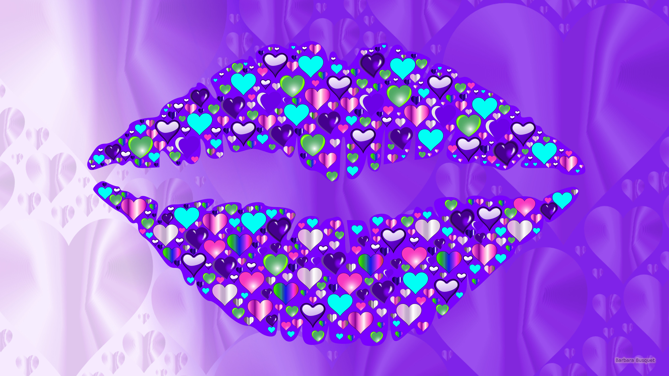 Purple wallpaper with lips and many hearts.