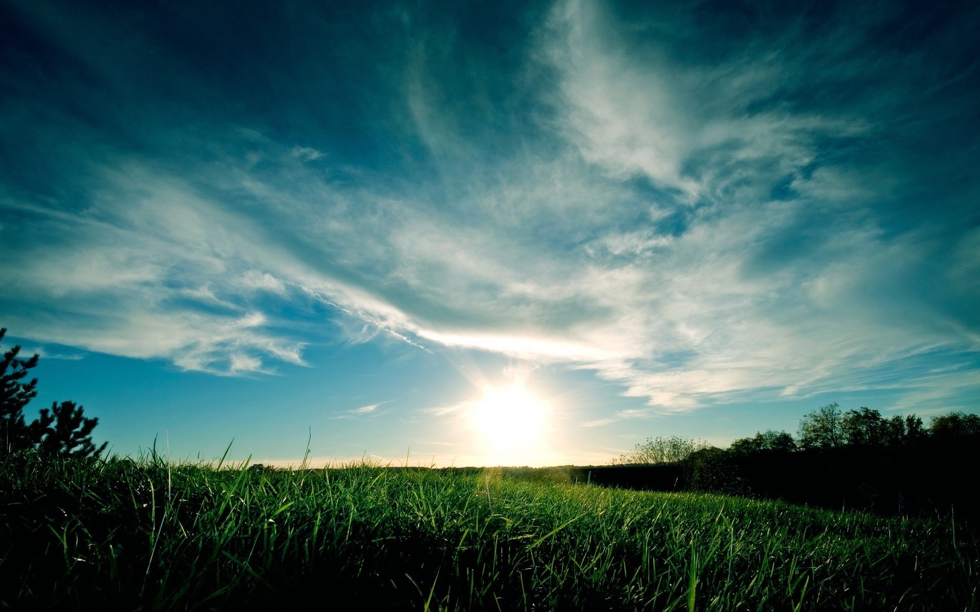 Sky grass blue green clouds wallpaper hd