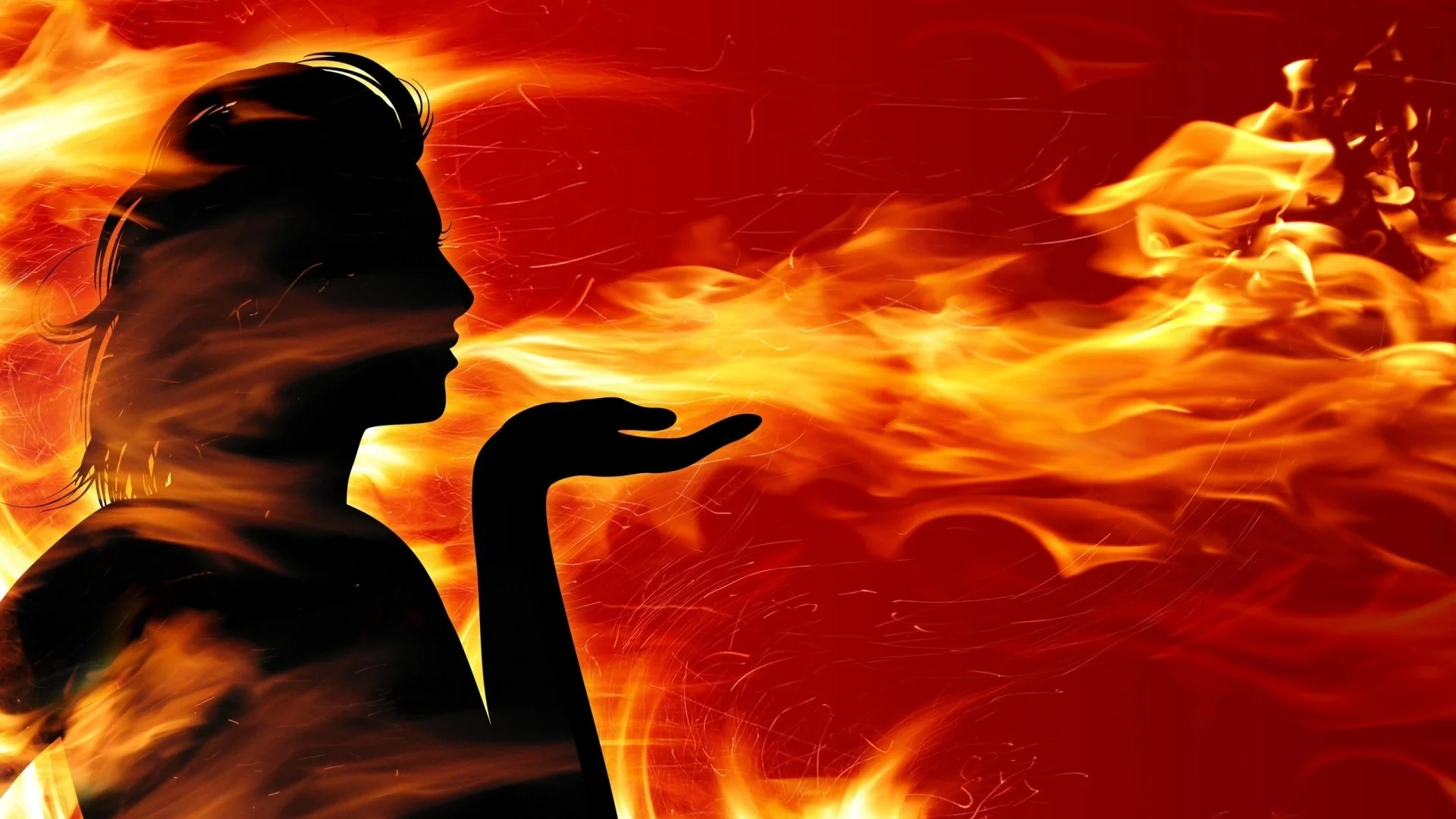 Wallpaper girl, fire, flame, hand, red