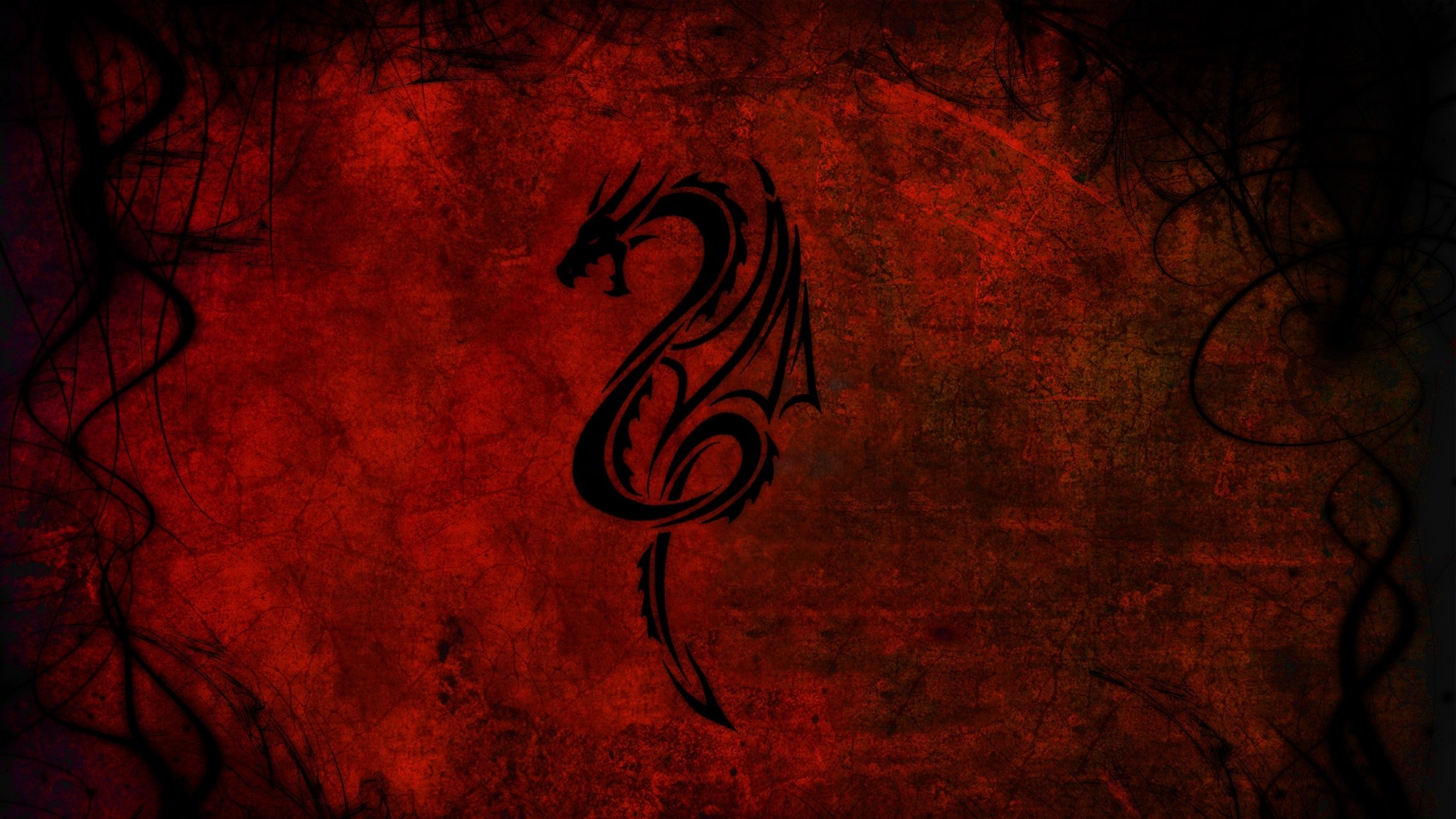 Preview wallpaper dragon, pattern, red, black 2048×1152