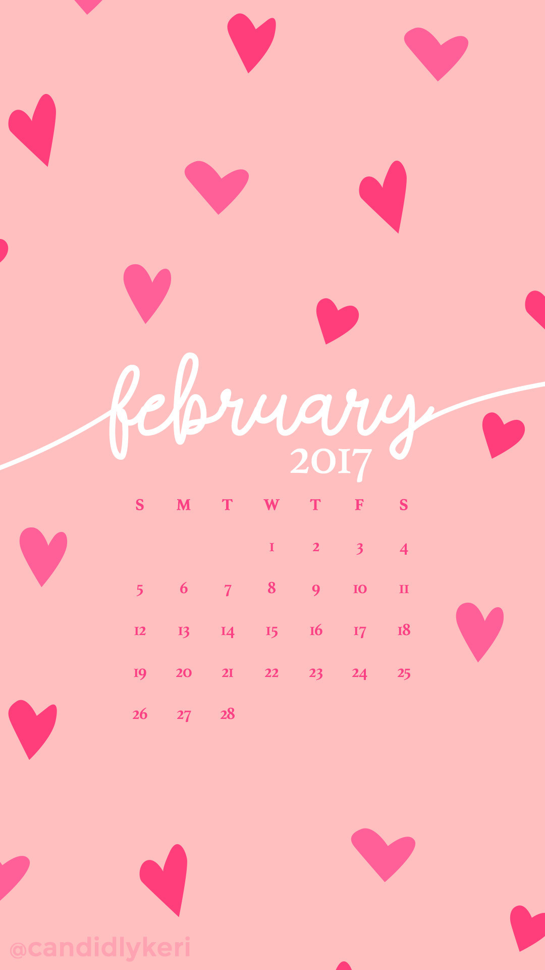 Pink hearts February calendar 2017 wallpaper you can download for free on the blog For