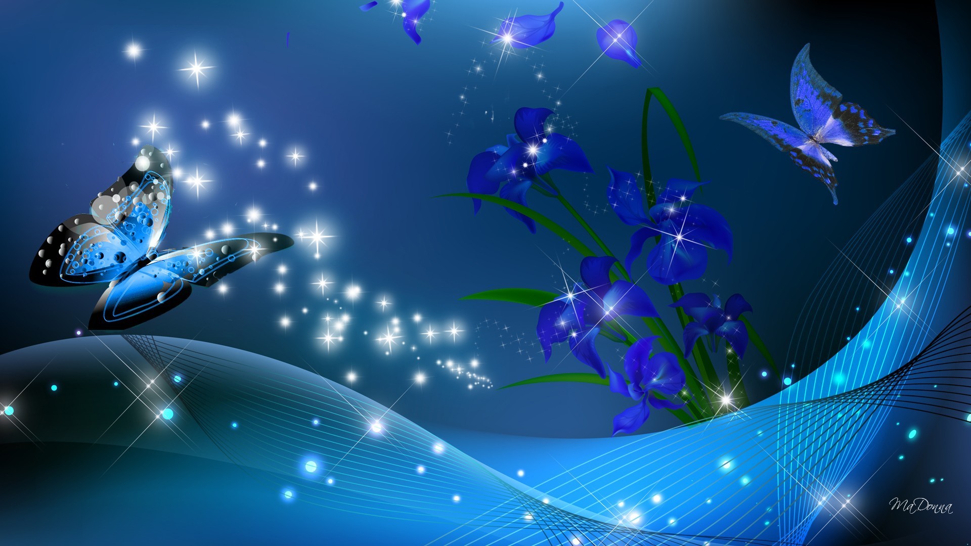 Iris Tag – Iris Blue Flowers Waves Glow Bright Stars Spring Butterflies  Sparkle Flower Wallpaper Collection