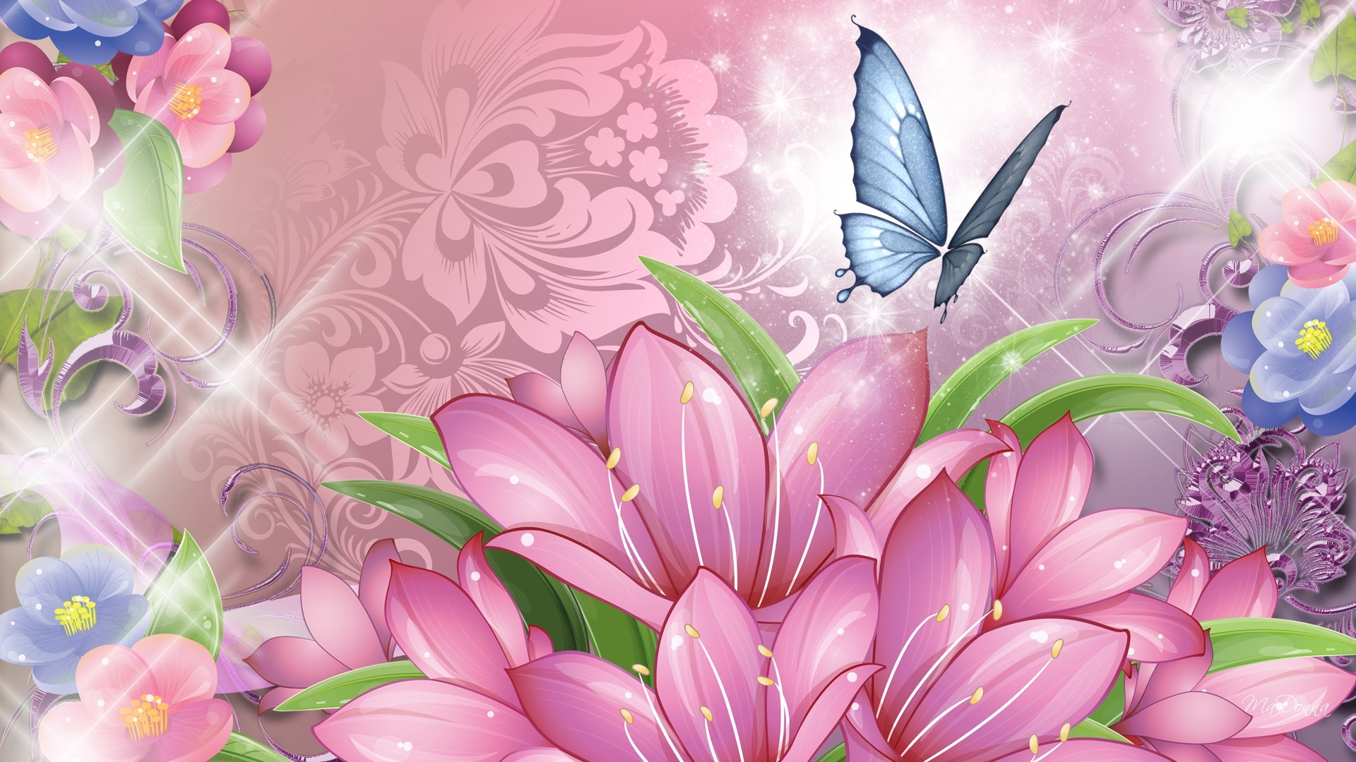 Blue Butterfly and Pink Flowers Wallpaper HD