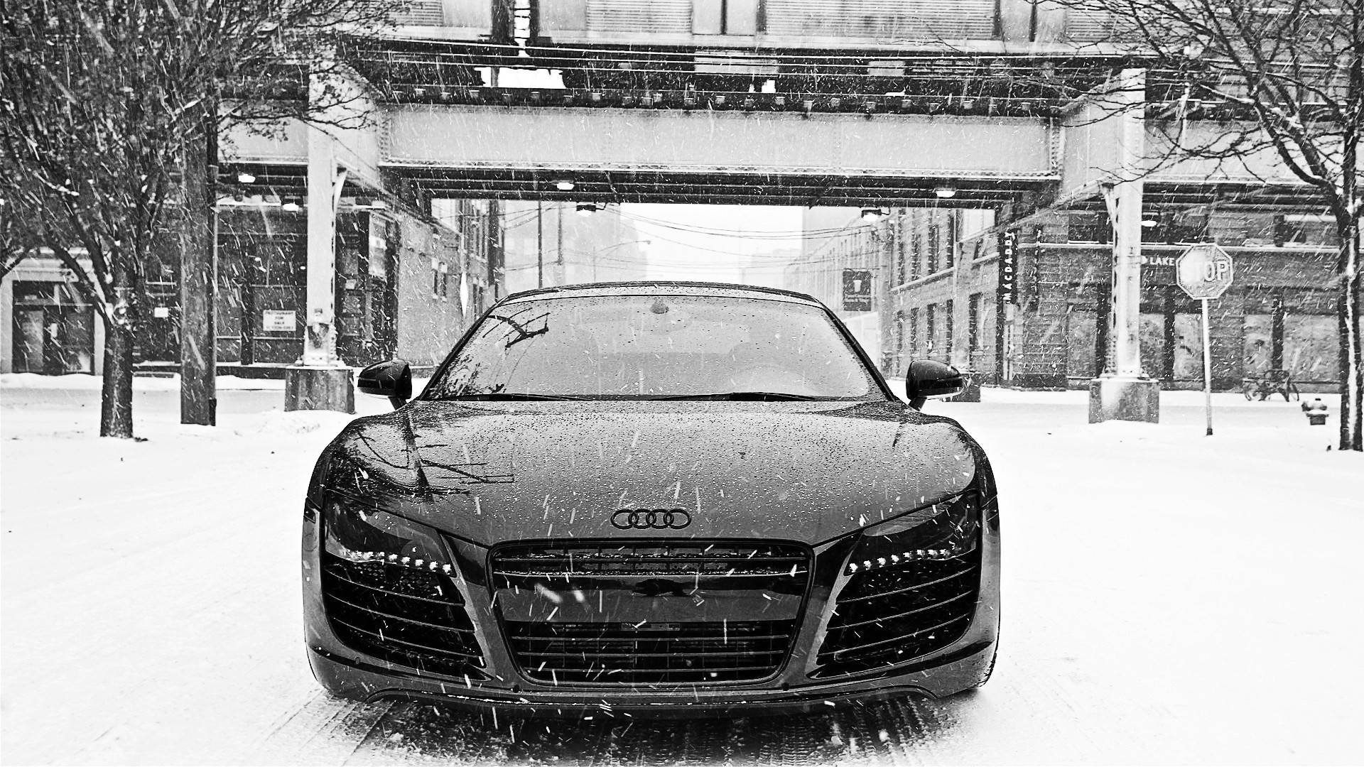 Black and White Audi in Snow HD Wallpaper in Full HD from the Cars category. Tags Audi Black and White, front view, snow, Winter