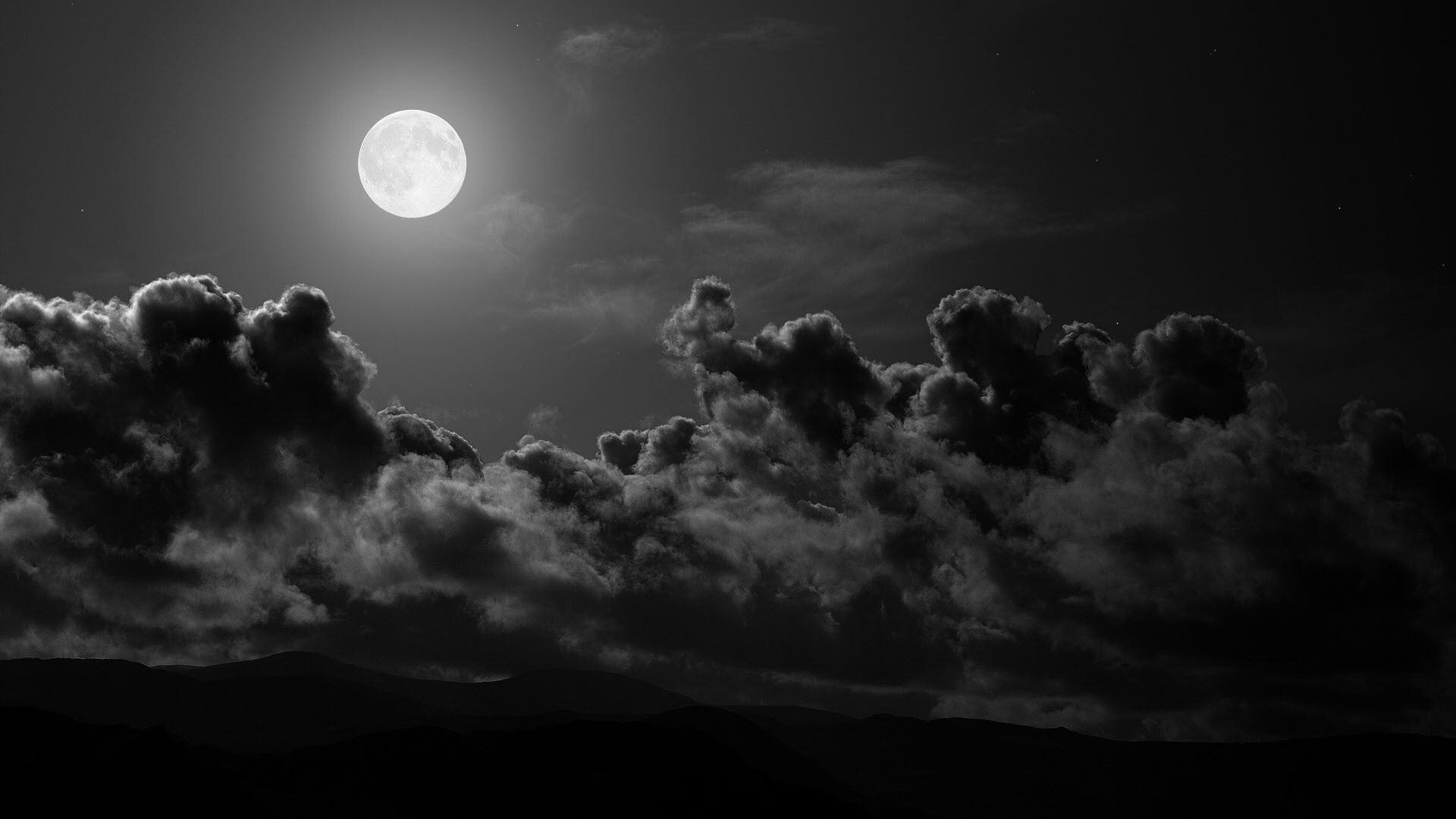 Preview wallpaper moon, clouds, sky, black and white 1920×1080