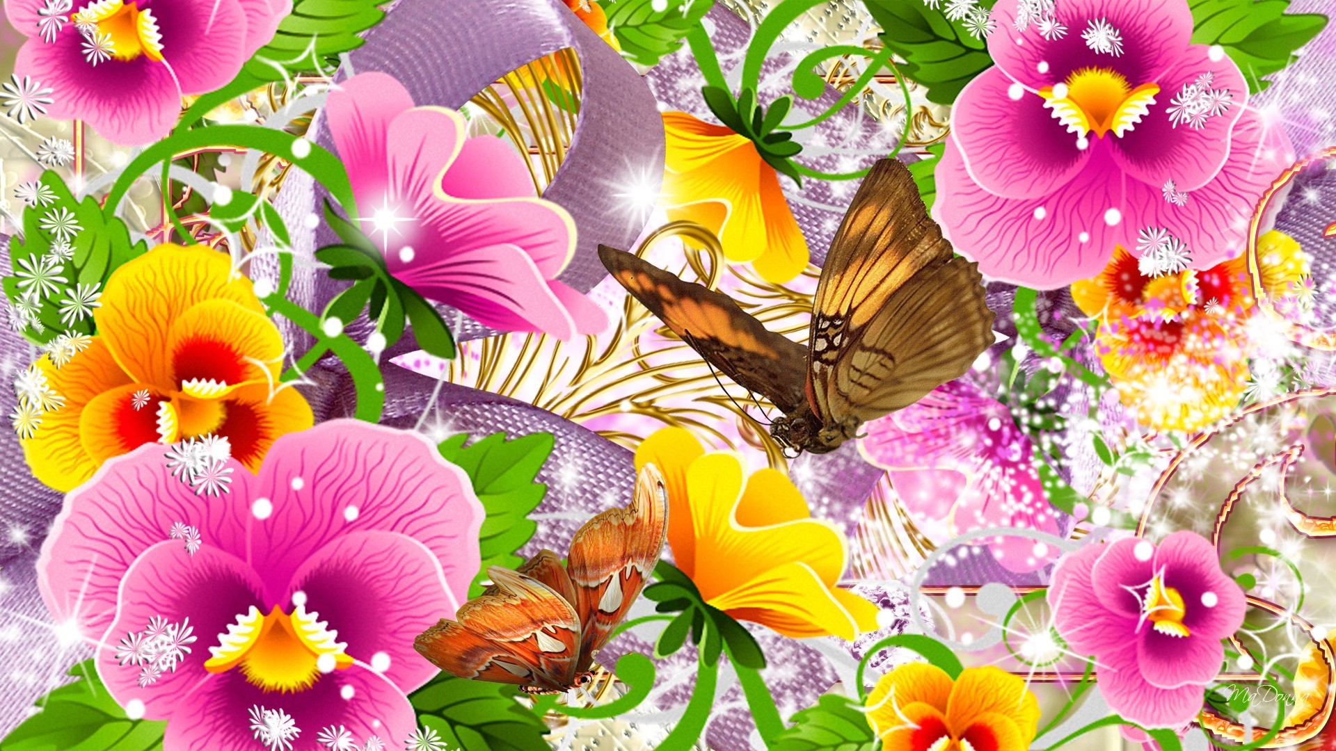 Sparkle Tag – Pansies Butterflies Colorful Flowers Butterfly Shine Ribbon  Pink Summer Gold Glow Fleurs Papillon