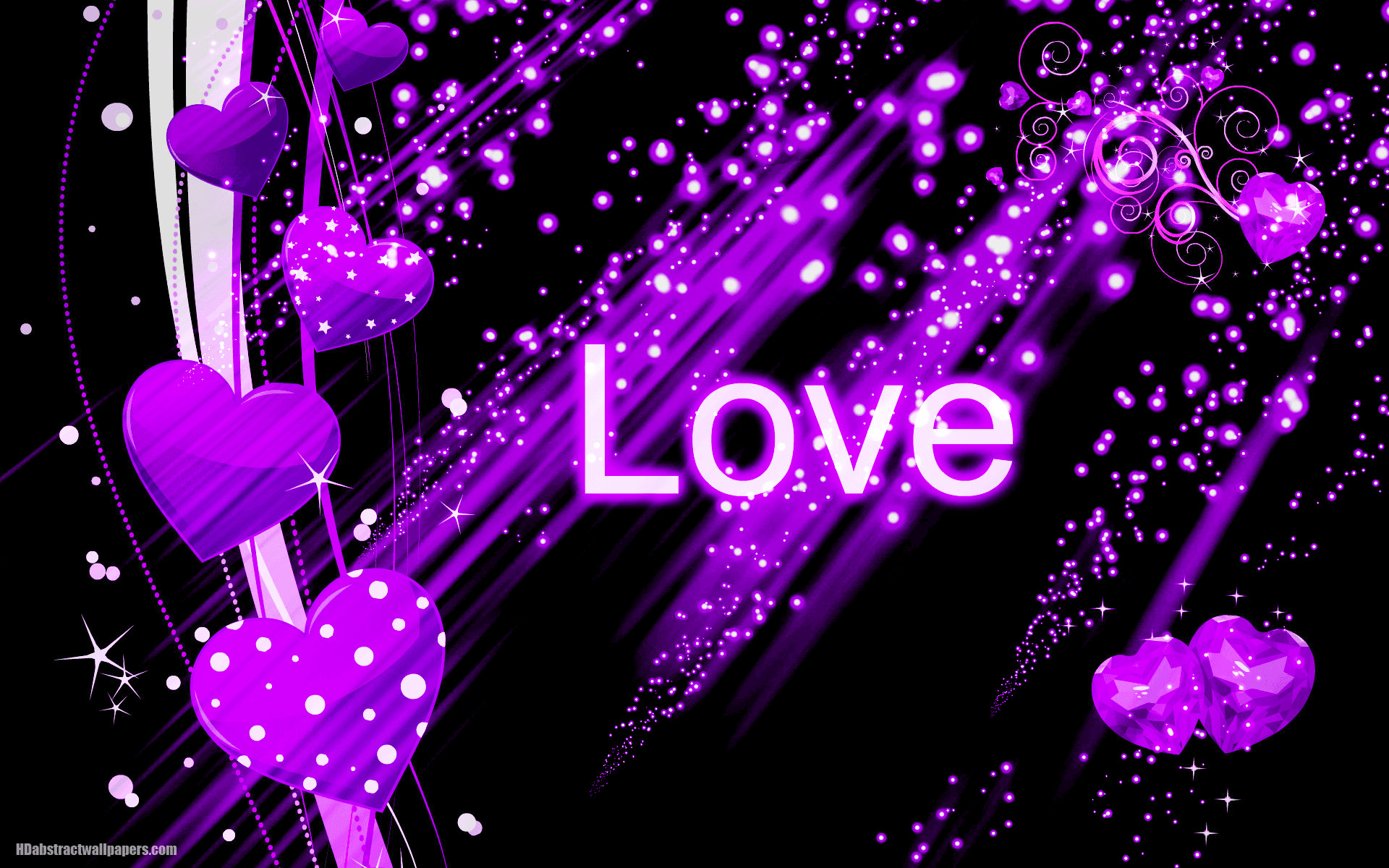 Beautiful black abstract wallpaper with purple love hearts and the text love. Send this background to your boy or girlfriend, just to say that you are
