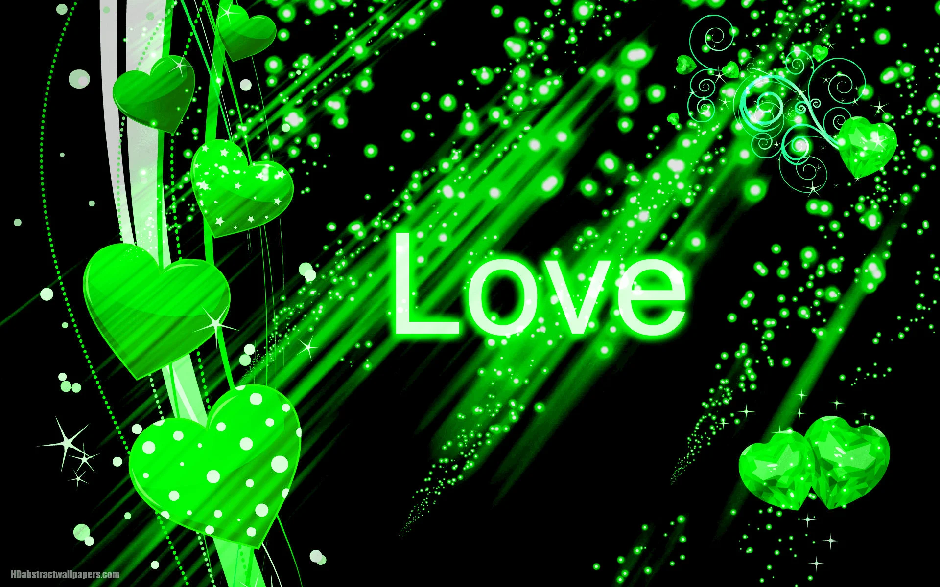 Beautiful black abstract wallpaper with green love hearts and the text love. Send this background to your boy or girlfriend, just to say that you are deeply