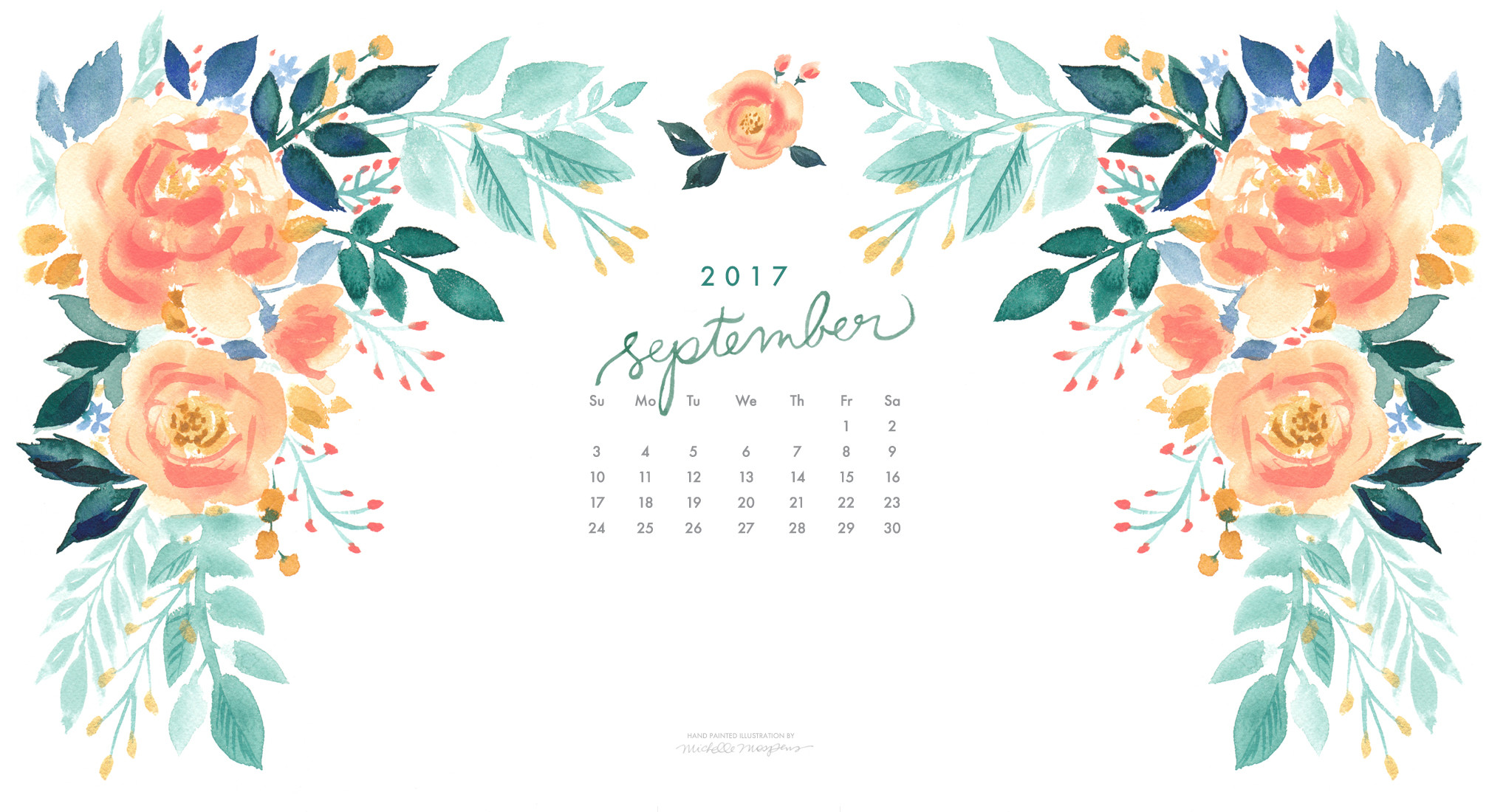 Pretty peach blooms watercolor September 2017 calendar wallpaper for your computer. 100 original art