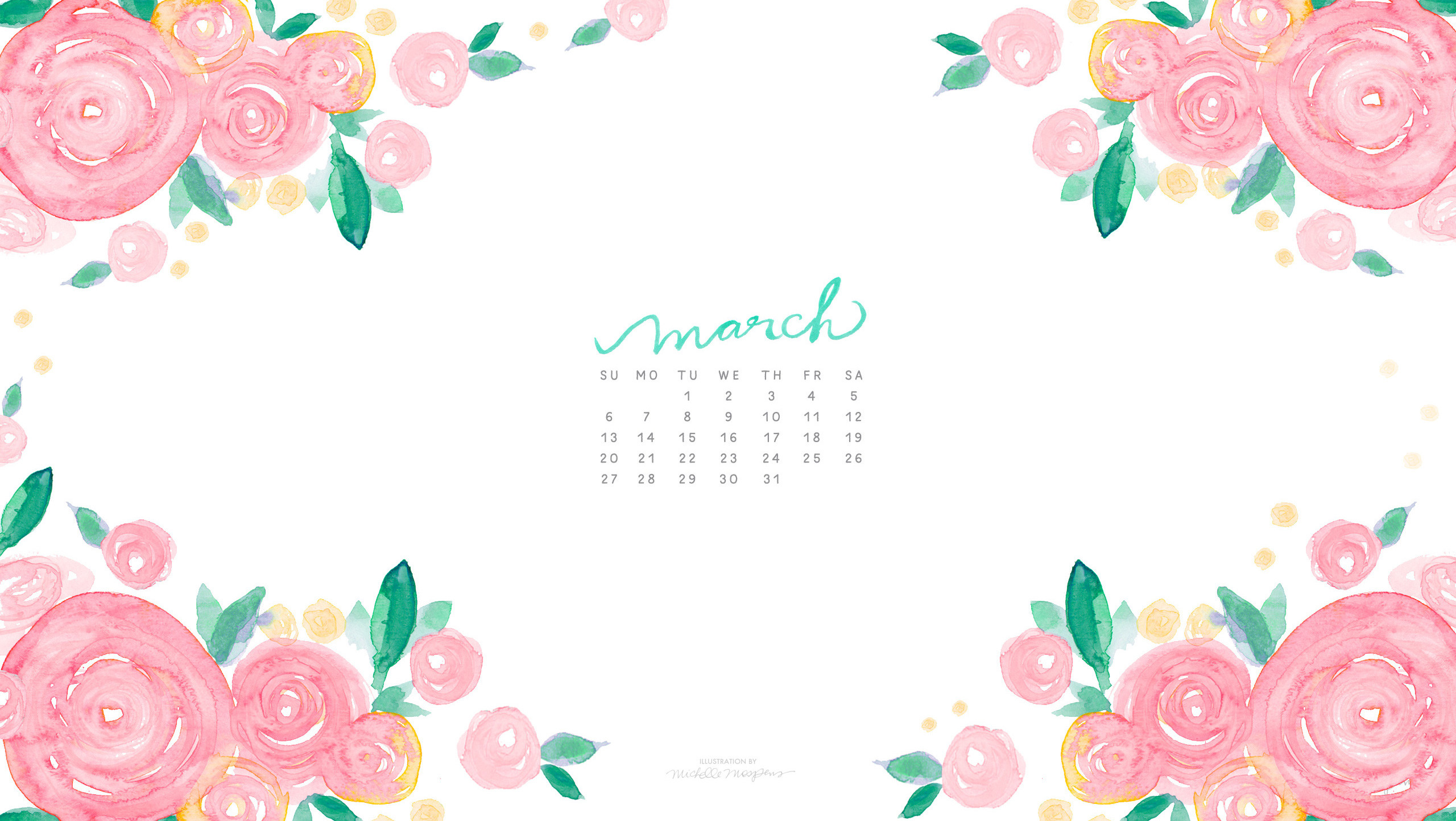 March Watercolor Floral Calendar Download for your computer desktop by  Michelle Mospens. /
