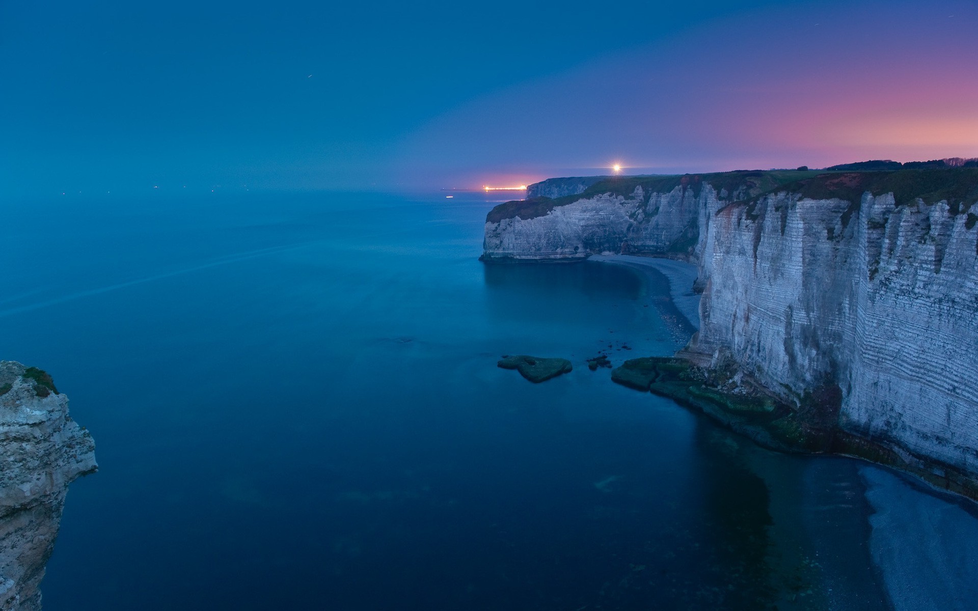 cliff, Beach, Sea, Lights, Blue, Coast, Evening, Nature, Landscape  Wallpapers HD / Desktop and Mobile Backgrounds