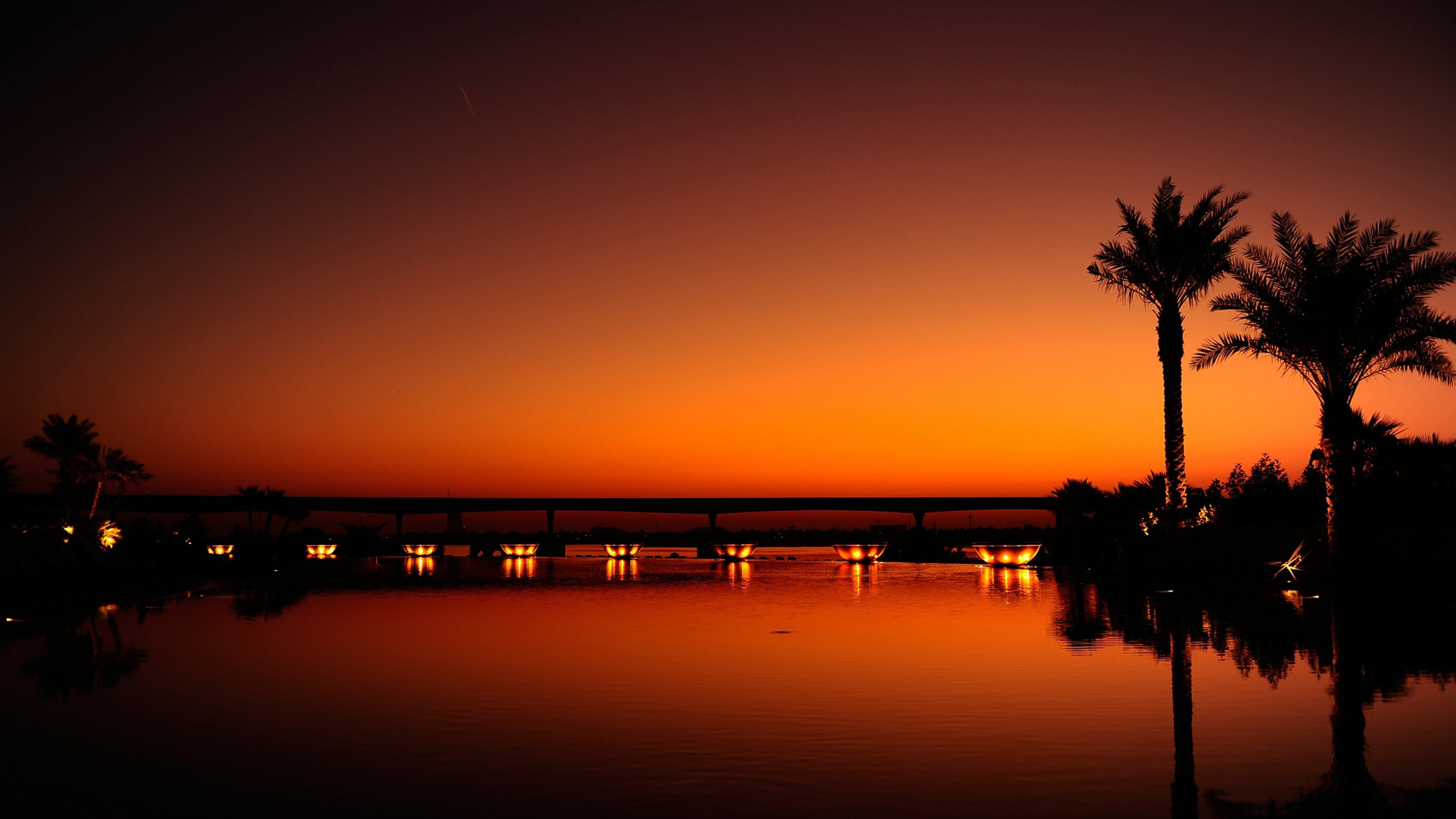 Preview wallpaper dubai, night, evening, sunset, orange, black, palm trees