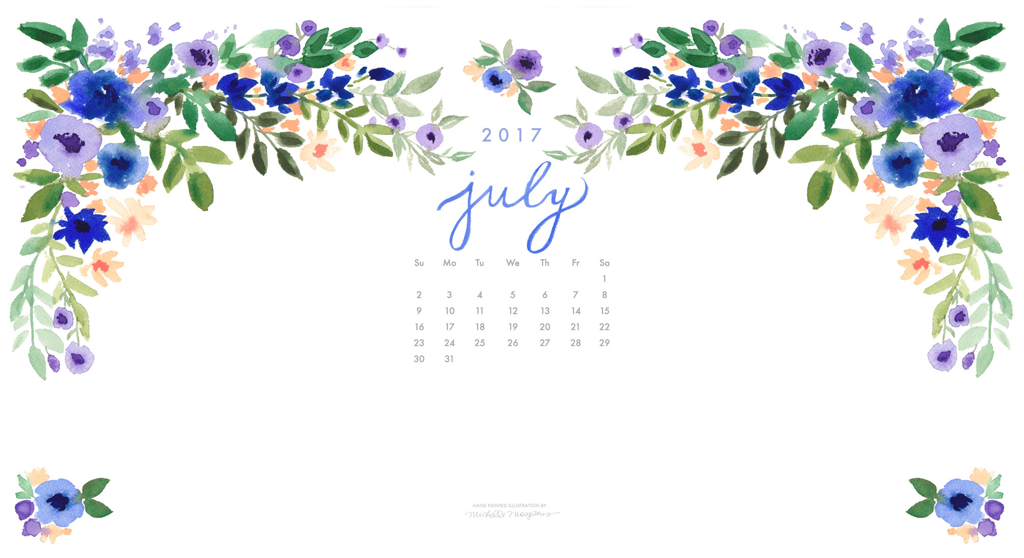 Pretty posy watercolor July 2017 calendar wallpaper for your computer. 100 original art by