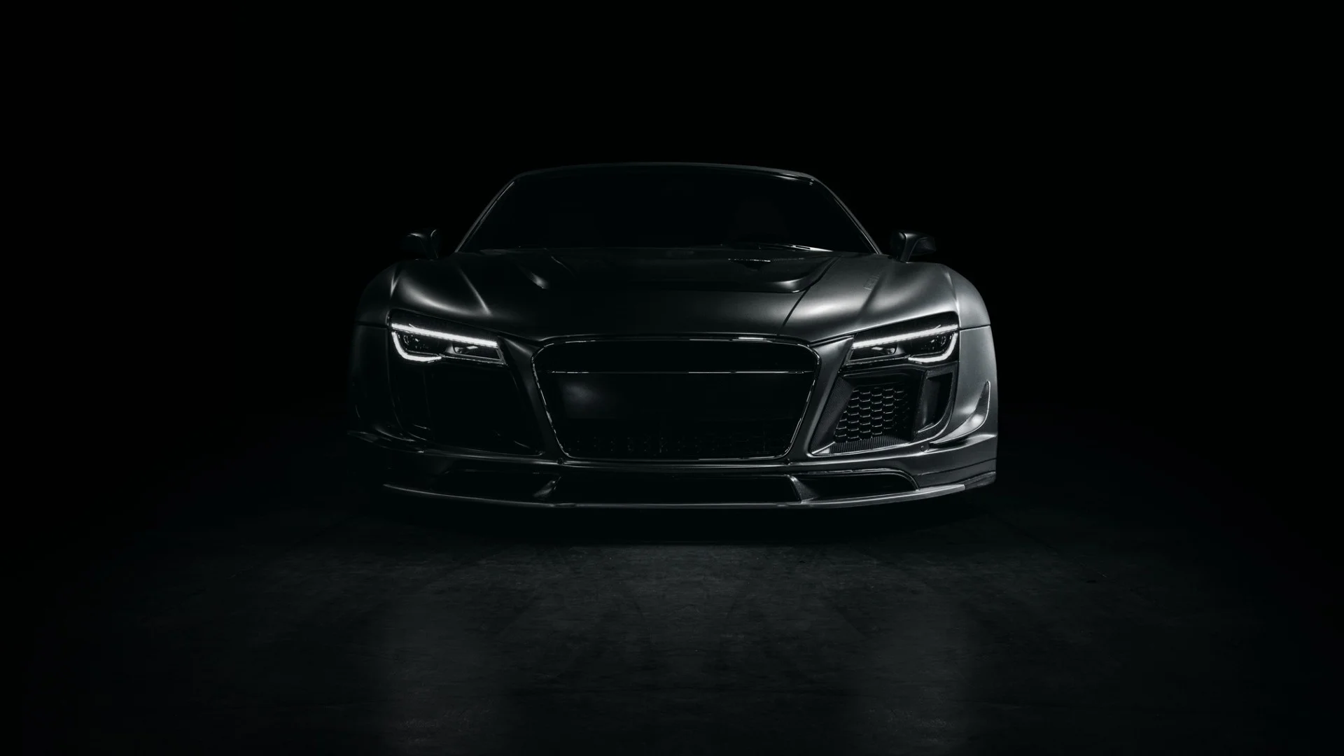 Preview wallpaper audi, r8, sports car, tuning, front view, black 1920×1080