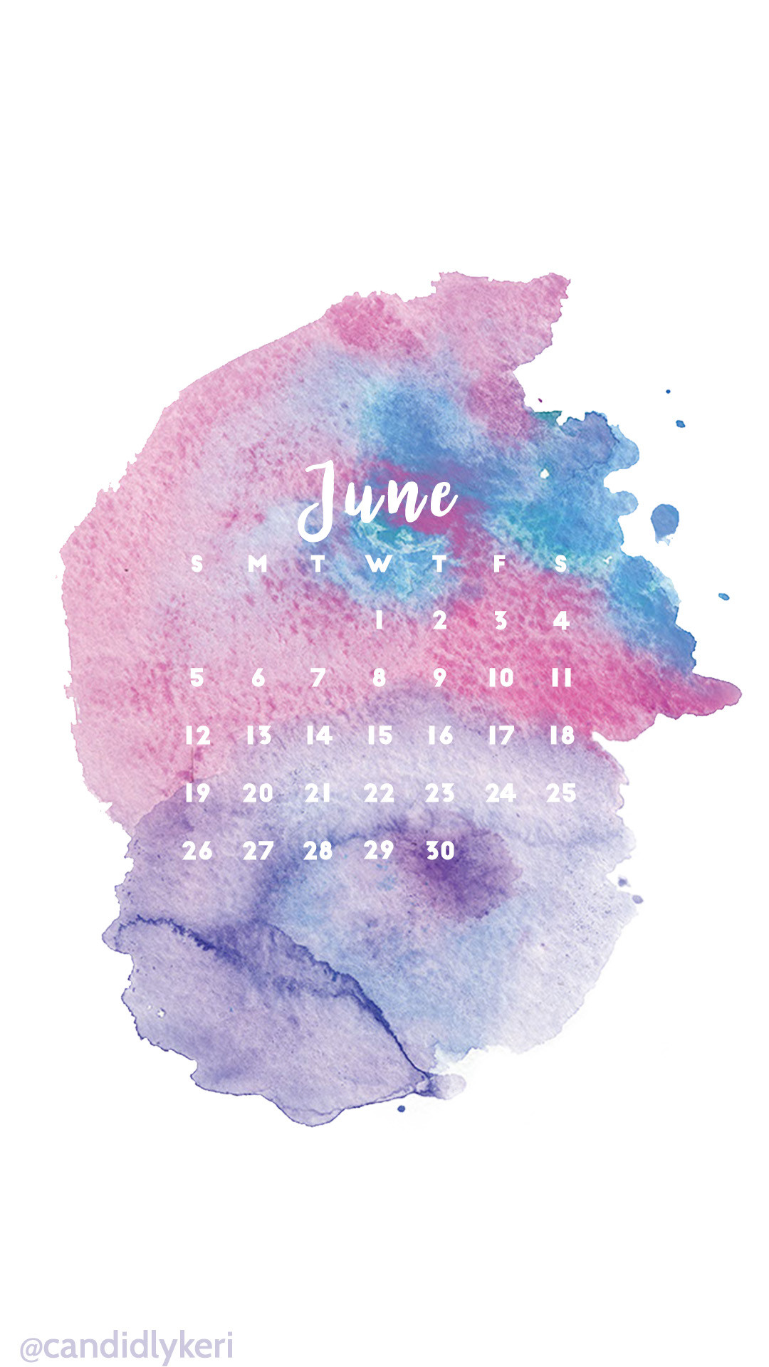 Blue purple pink watercolor June 2016 calendar wallpaper free download for iPhone android or desktop background