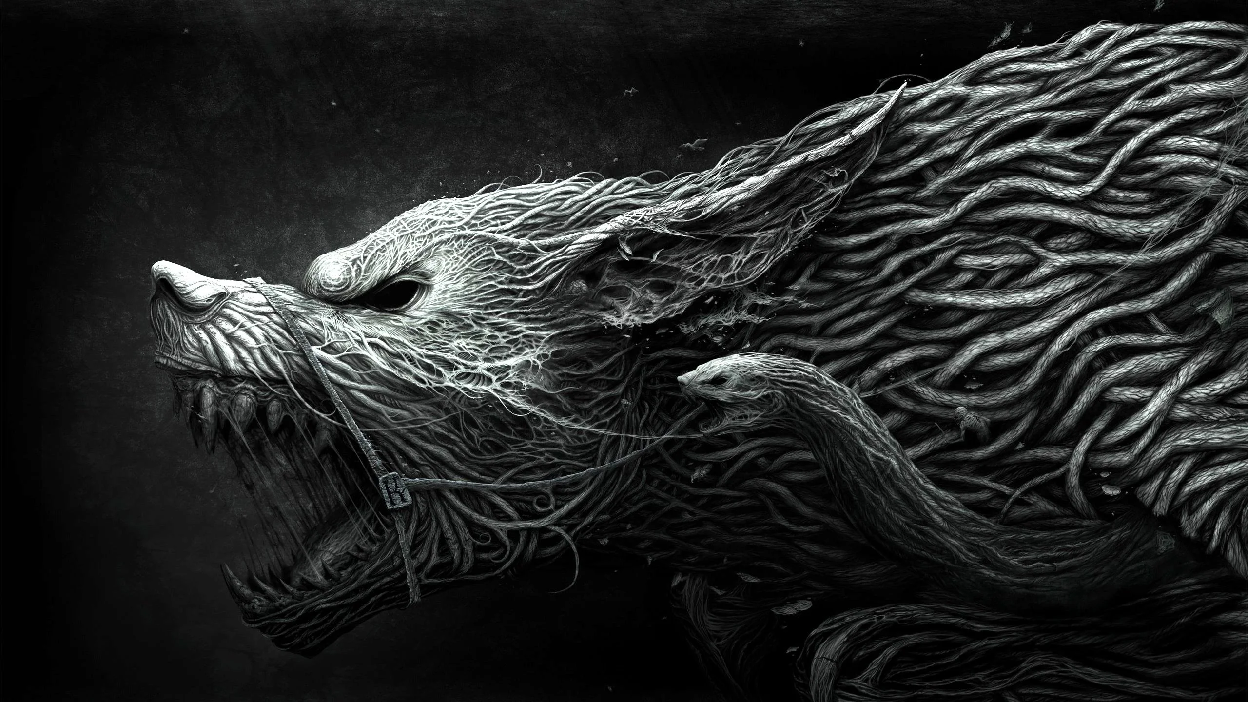 Wallpaper wolf, teeth, drawing, aggression, black, white
