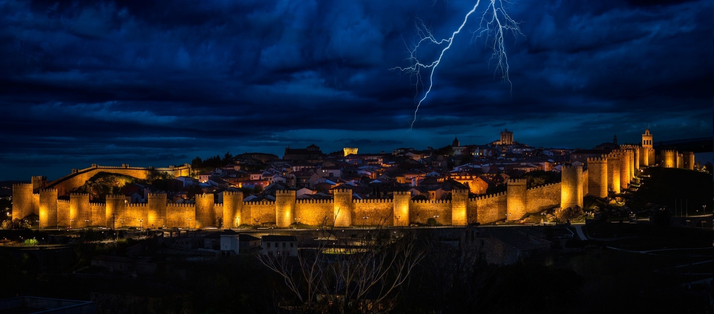 Landscape, Lightning, Clouds, Nature, Spain, Lights, City, Evening, Sky, Gold, Blue Wallpapers HD / Desktop and Mobile Backgrounds