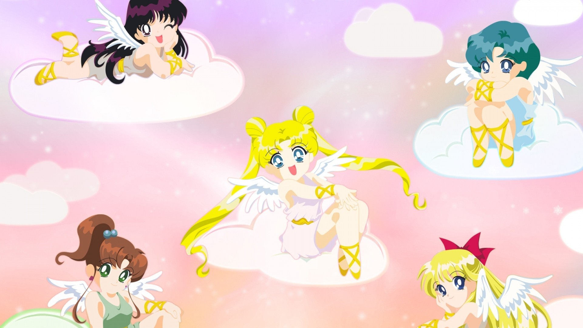 Preview wallpaper sailor moon, girls, clouds, smiles, angels, wings 1920×1080