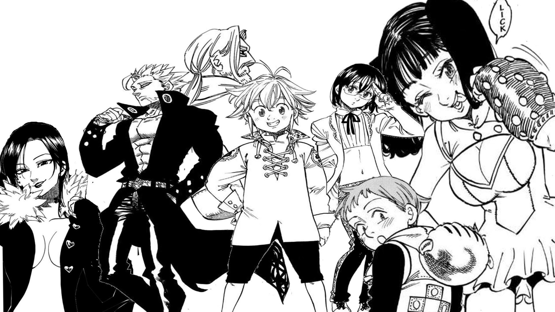 From left to right: Merlin, Ban, Escanor, Meliodas, Gowther, King