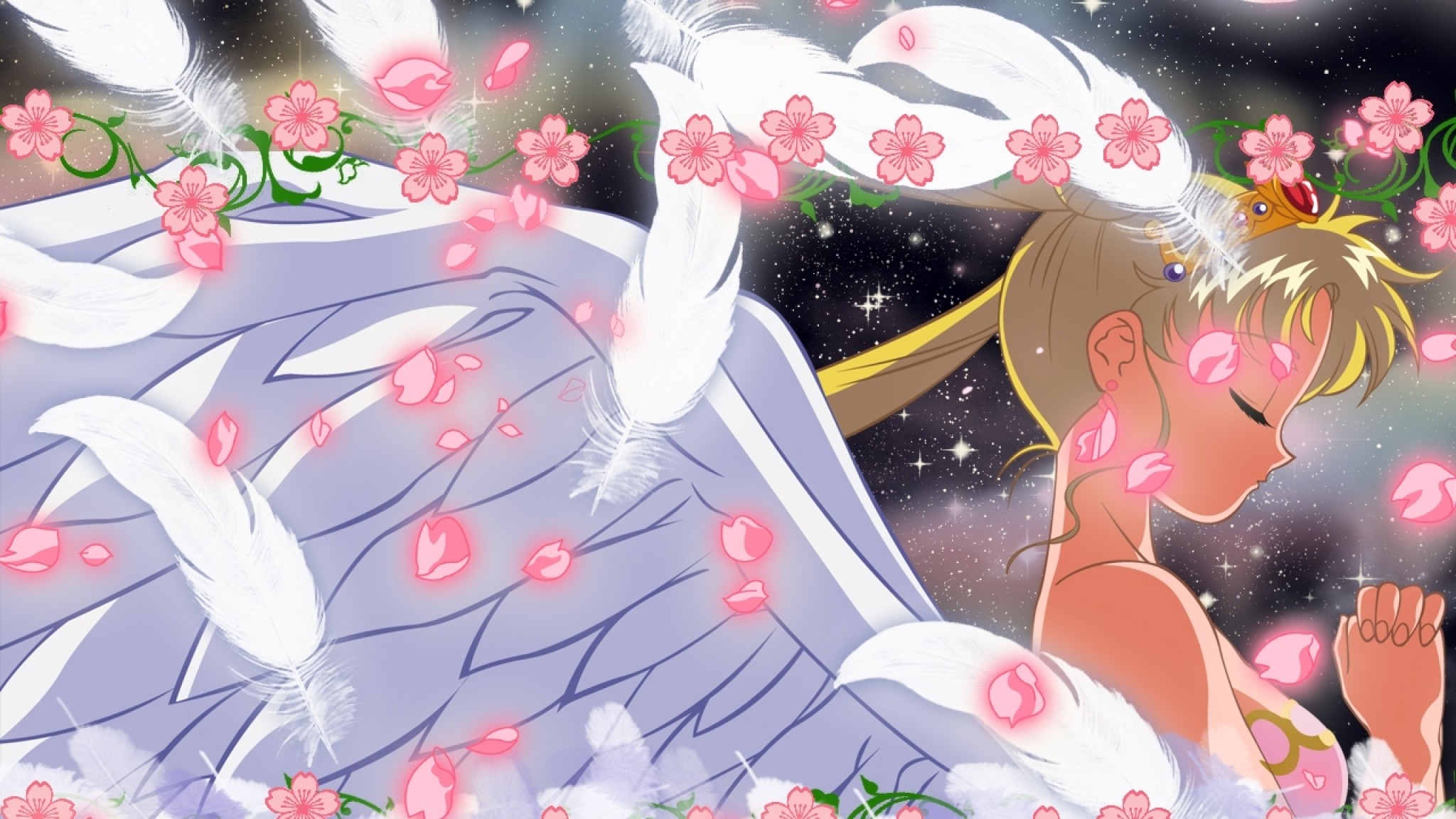 Preview wallpaper sailor moon, tsukino usagi, girl, wings, flowers 2048×1152